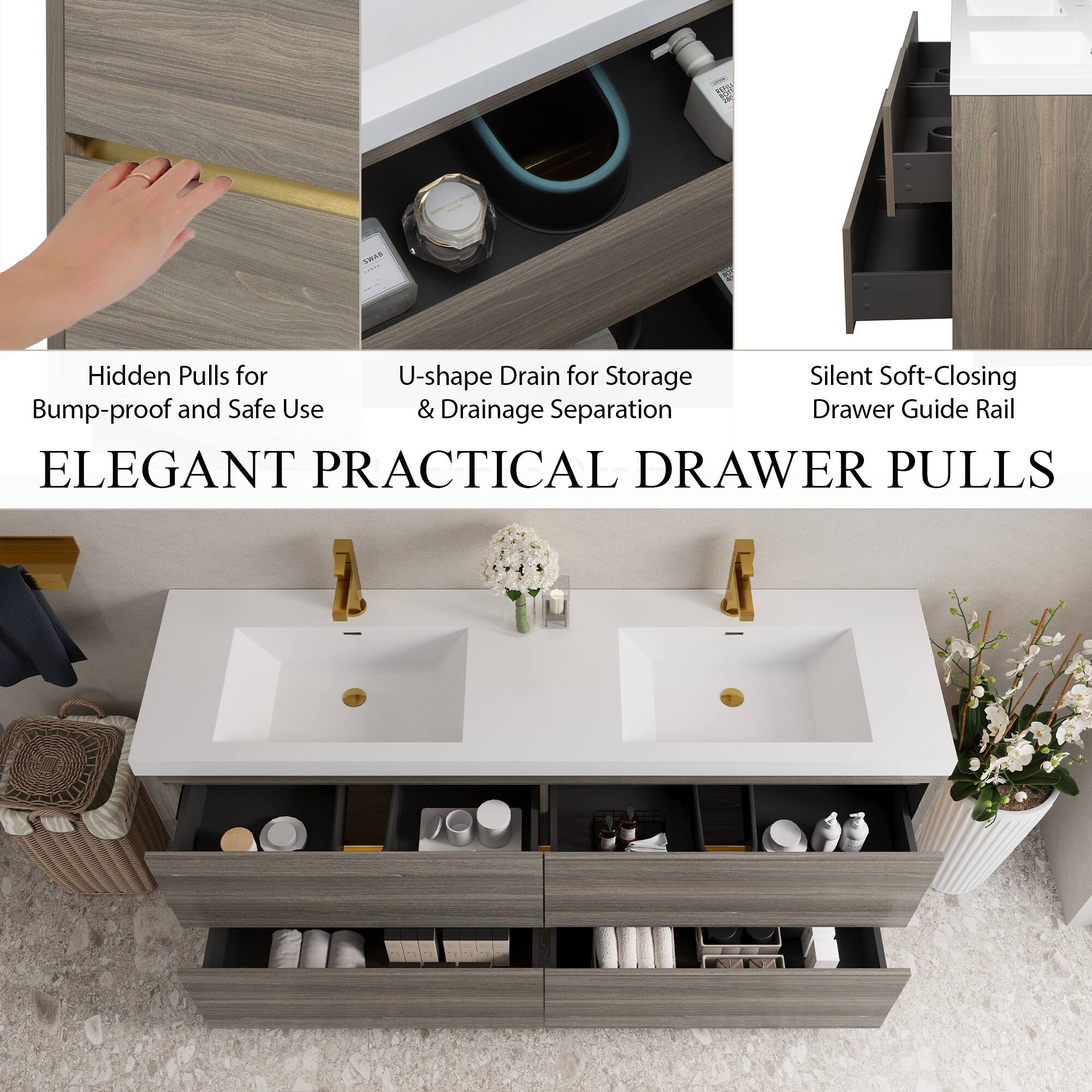 DAV SS Hidden Pulls for U-shape Drain for Storage Silent Soft-Closing Bump-proof and Safe Use & Drainage Separation Drawer Guide Rail ELEGANT PRACTICAL DRAWER PULLS

Hidden Pulls for Bump-proof and Safe Use

U-shape Drain for Storage & Drainage Separation

Silent Soft-Closing Drawer Guide Rail