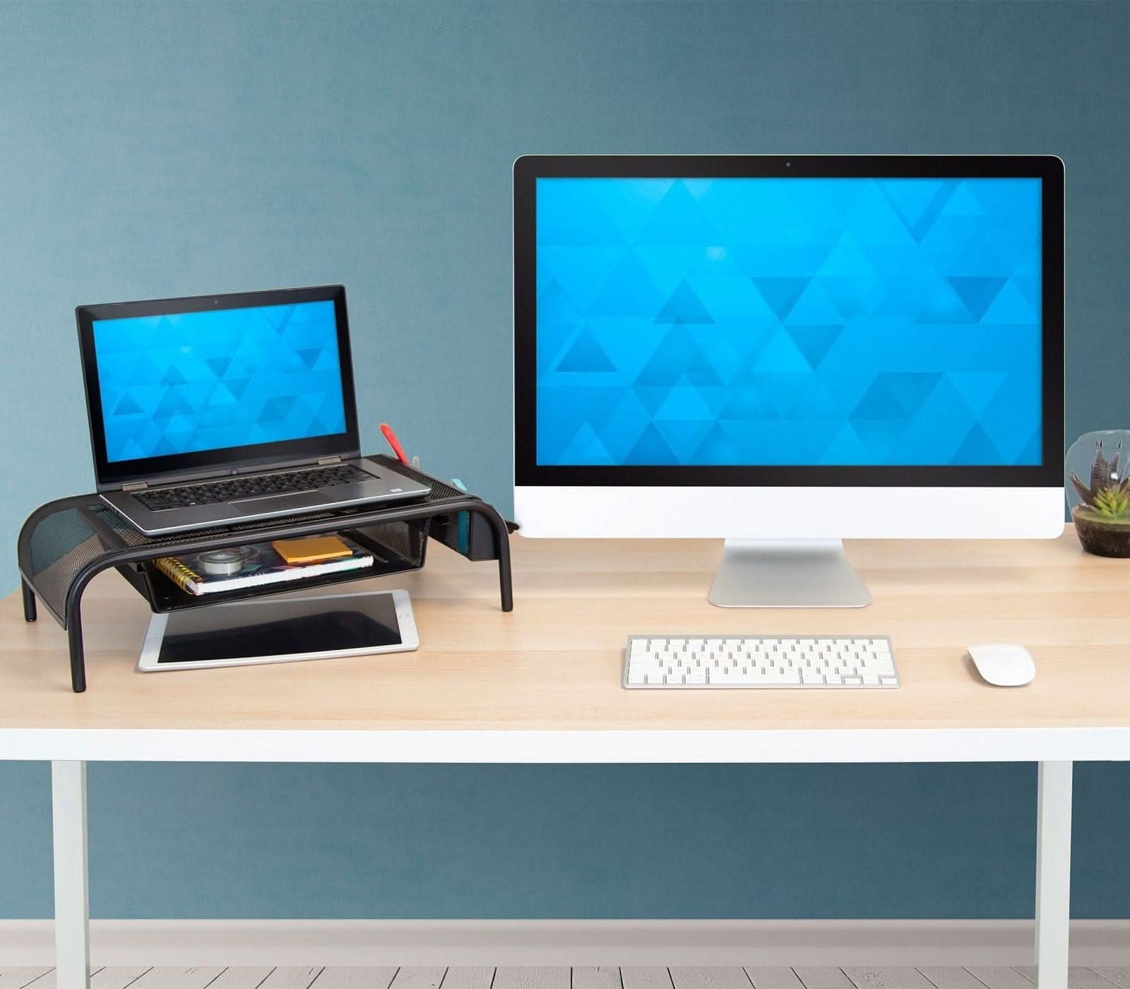 Back. Mount-It! - Metal Mesh Monitor Stand & Riser Up to 32″ with Pullout Drawer & Desk Storage, Black - Black.