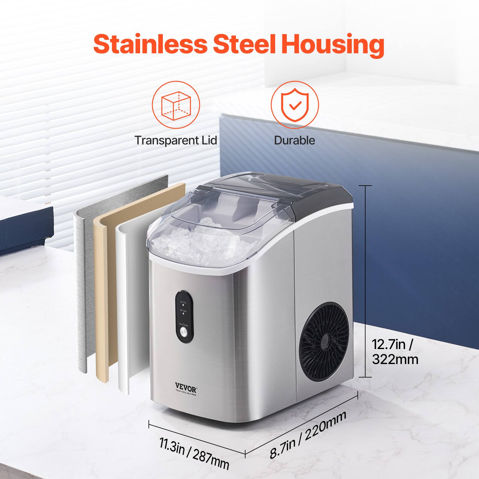 Stainless Steel Housing

Transparent Lid

Durable

12.7in / 322mm

11.3in / 287mm

8.7in / 220mm