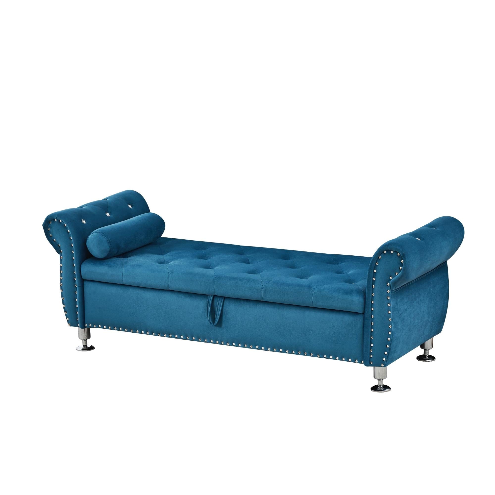 Boyel Living - 62.2In Velvet Storage Bench w Crystal Buttons&Pillow for Bedroom Living Room - Blue