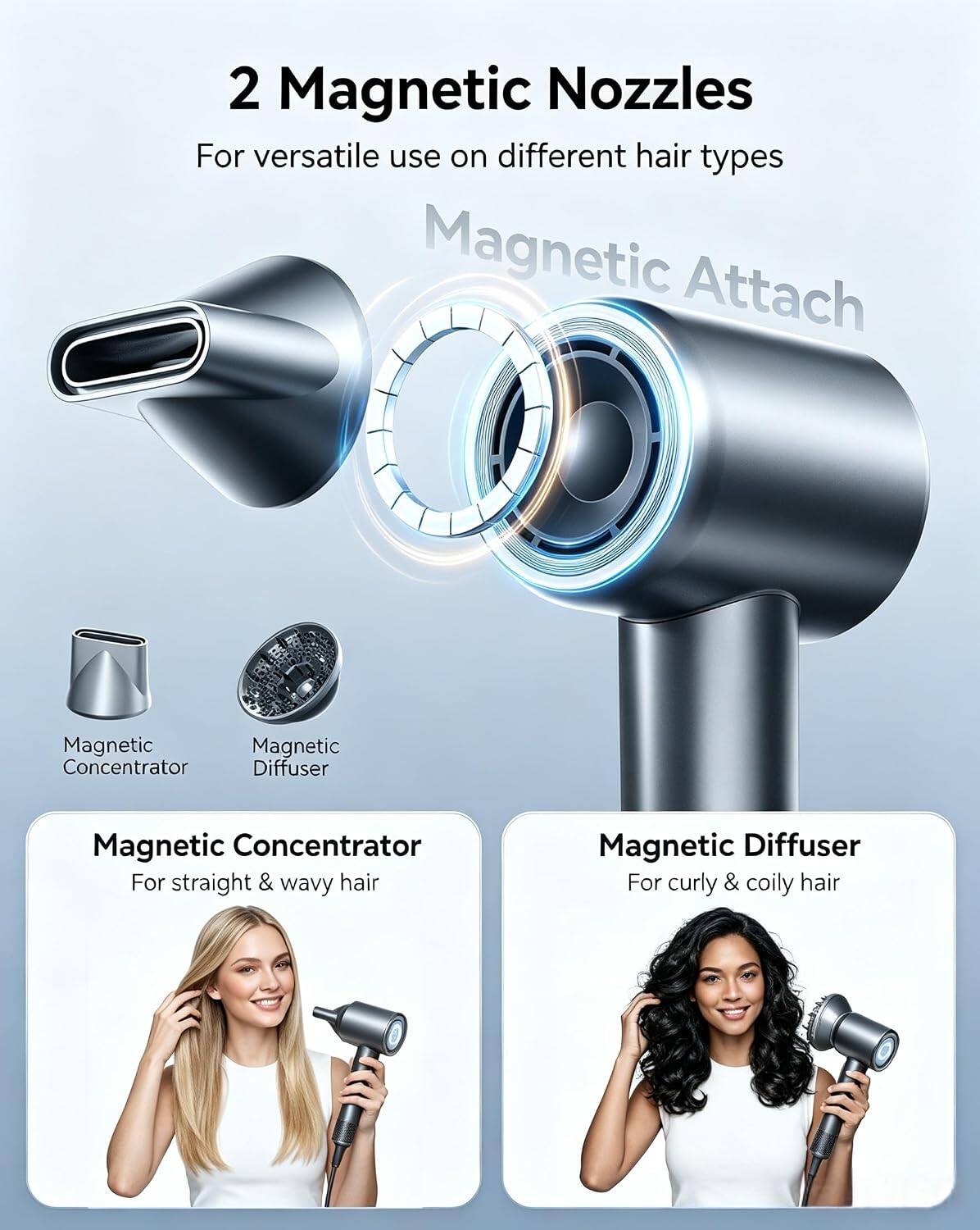2 Magnetic Nozzles For versatile use on different hair types

Magnetic Attach

Magnetic Concentrator
For straight & wavy hair

Magnetic Diffuser
For curly & coily hair