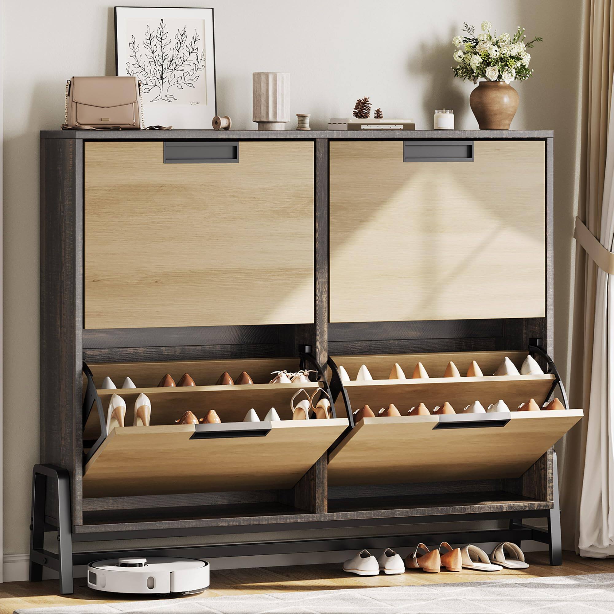 Front. Jojoka - Narrow Shoe Cabinet with 4 Flip Drawers, Freestanding Shoe Storage with Adjustable Shelves and Metal Legs - Oak.