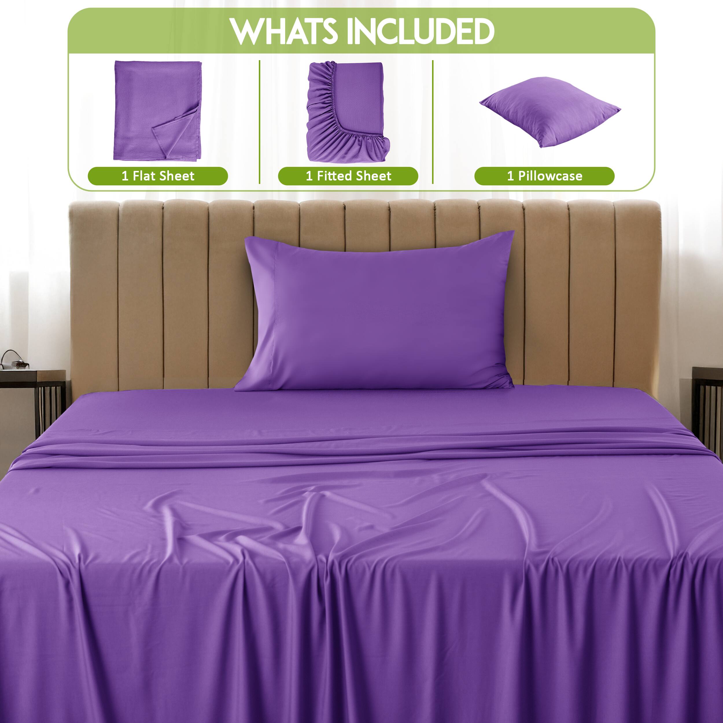 What's Included

1 Flat Sheet  
1 Fitted Sheet  
1 Pillowcase