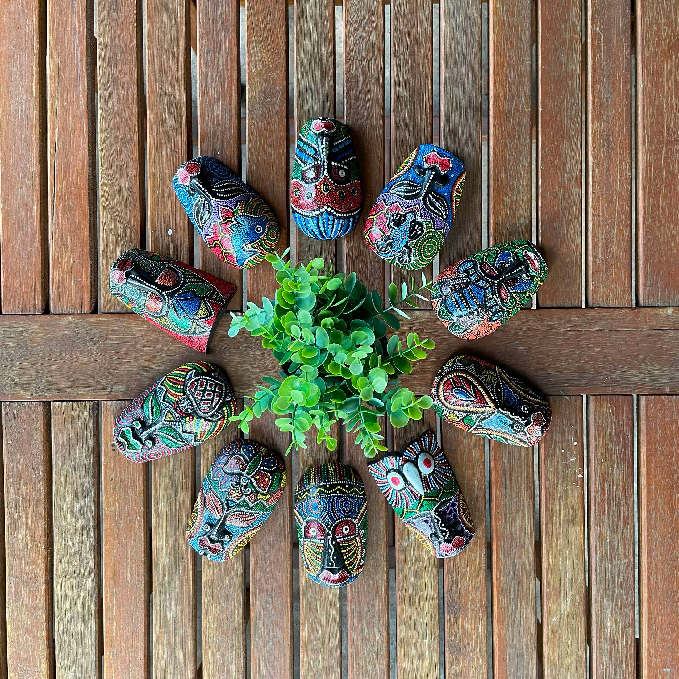 Alt View 4. Zeckos - Set of 10 Hand Carved Tropical Dot Painted Tribal Masks 5 Inch Wall Decor - Multicolored.