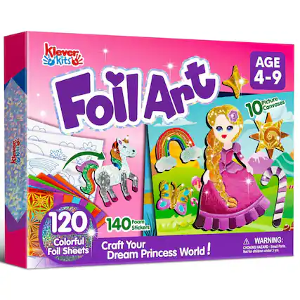 Klever kits 3 AGE 4-9 FOilArt 10 Picture Canvases 120 Colorful Foil Sheets 140 Foam Stickers Craft Your Dream Princess World! WARNING: CHOKING HAZARD Small Parts. Not for children under 3 yrs.