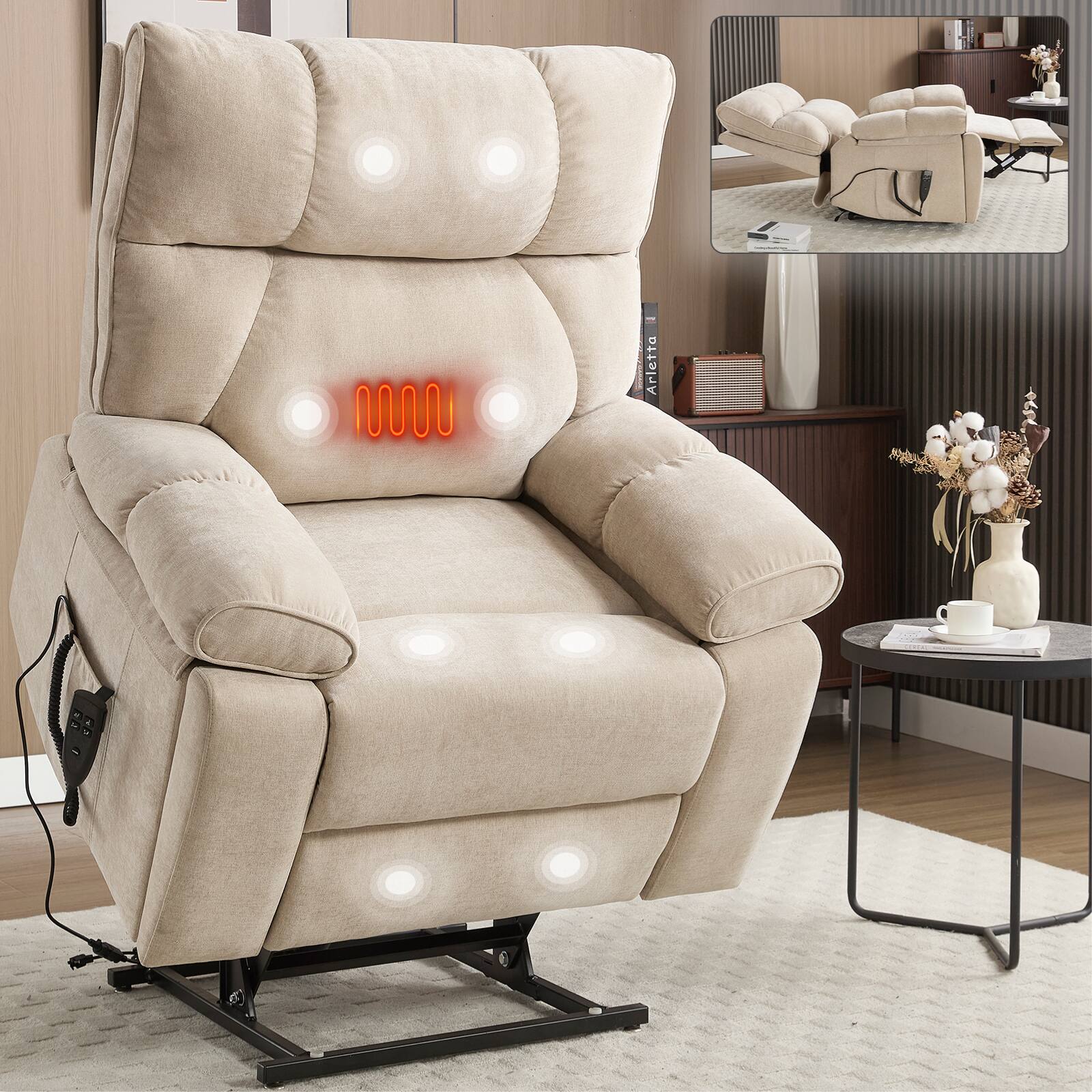 Angle. LUCKY ONE - Chenille Dual Motor Power Lift Recliner Chair with Massage, Heat and Hidden Cup Holders - Beige.