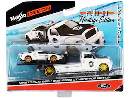 Maisto - 2021 Ford GT #98 Heritage Edition with Flatbed Truck "Elite Transport" Series 1/64 - White And Black
