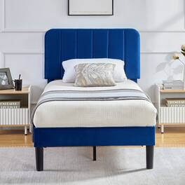 Vecelo - Twin Bed Frame w/ Padded Headboard & Platform, Reinforced Wood Slats - No Box Spring, Velvet Dark Blue - Easy Assembly - Dark Blue