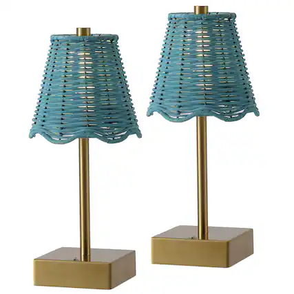 Front. Jonathan Y - Willow 11" Coastal Bohemian Cordless Rechargeable Table Lamp Set of 2, Brass Gold with Blue Rattan Shade, Touch Dimmer - Brass Gold.