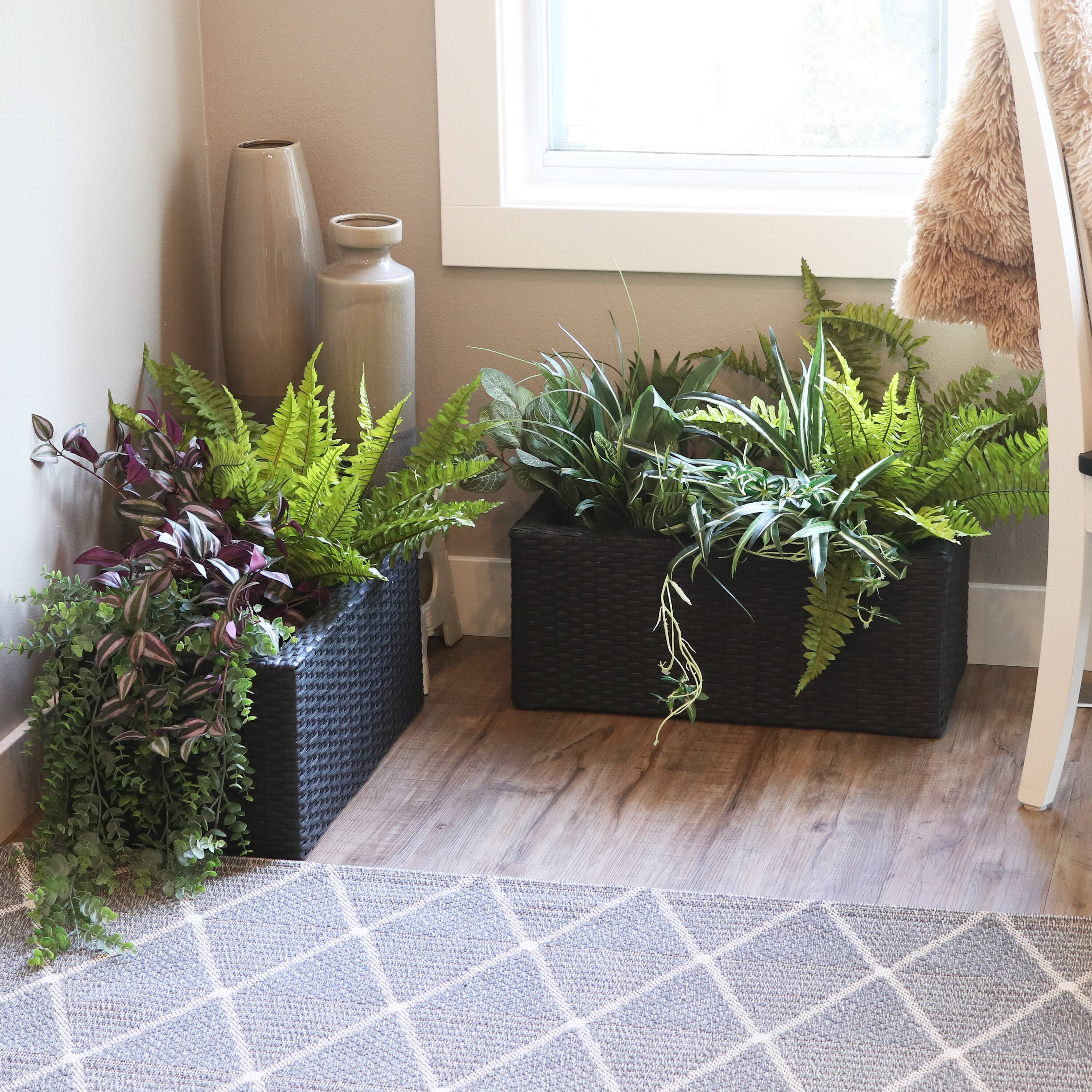 Alt View 1. Sunnydaze - Polyrattan Indoor Rectangle Planter - Set of 2 - Black.