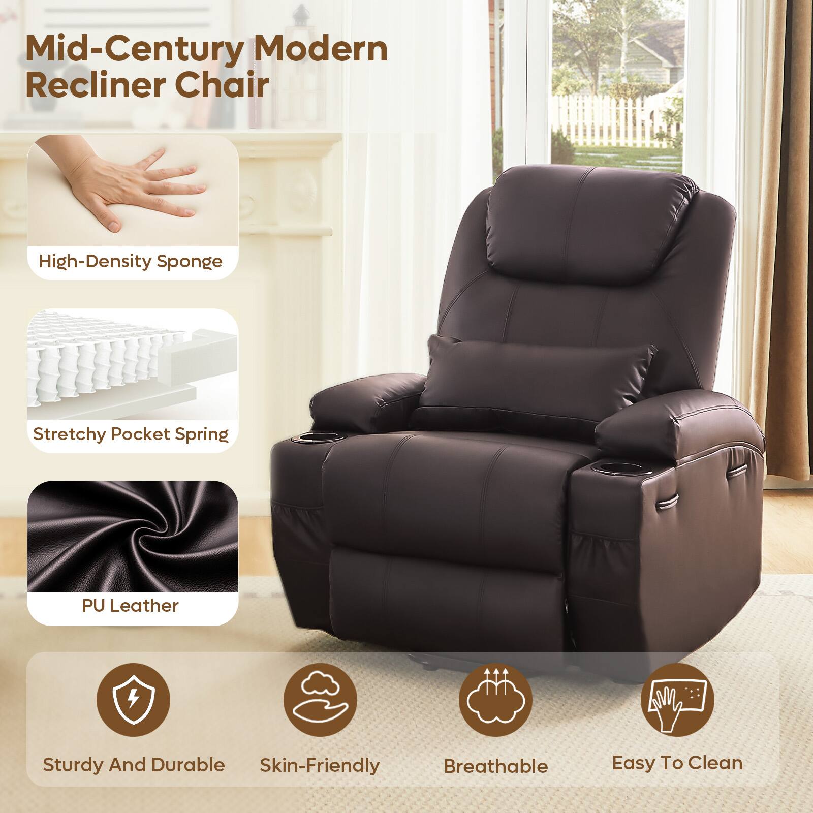 Mid-Century Modern Recliner Chair

- High-Density Sponge
- Stretchy Pocket Spring
- PU Leather

- Sturdy And Durable
- Skin-Friendly
- Breathable
- Easy To Clean