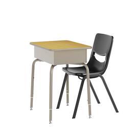 Emma + Oliver - Jacobs Desk/Chair Set with Metal Open Front Storage Box, Desktop, Metal Frame and Stackable Flex Comfort Classroom Chair - Maple Top/Black Chair