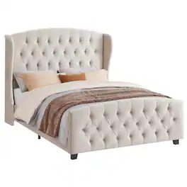 Songmics Home - Queen Bed Frame with Tall Headboard, Upholstered Platform Bed Frame Queen Size - Cappuccino Beige