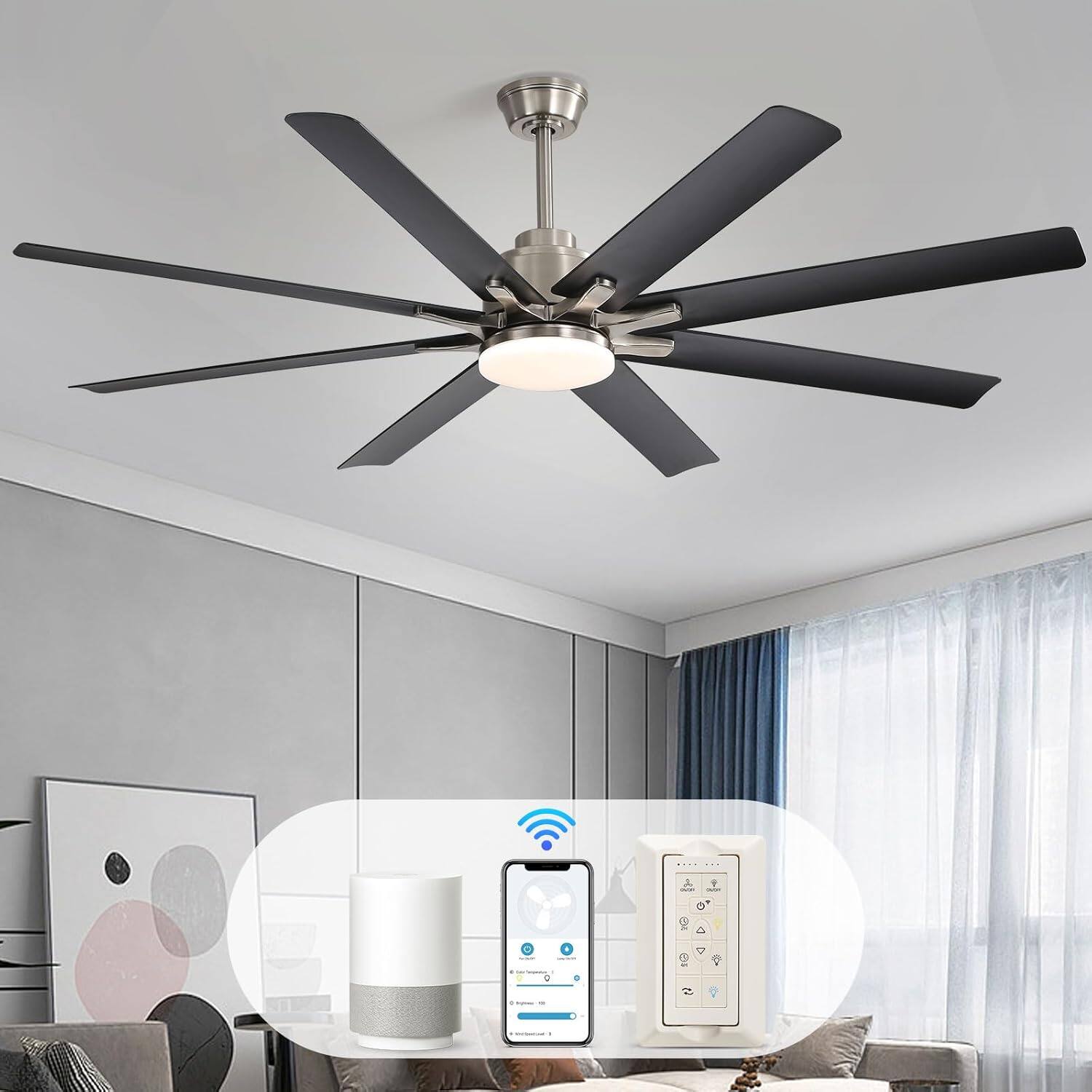 Angle. Sofucor - 66 inch Large Nickel Smart APP Ceiling Fan with Light and Remote Control/Phone/Voice Google Alexa for Farmhouse - Nickel - 2 Pack.