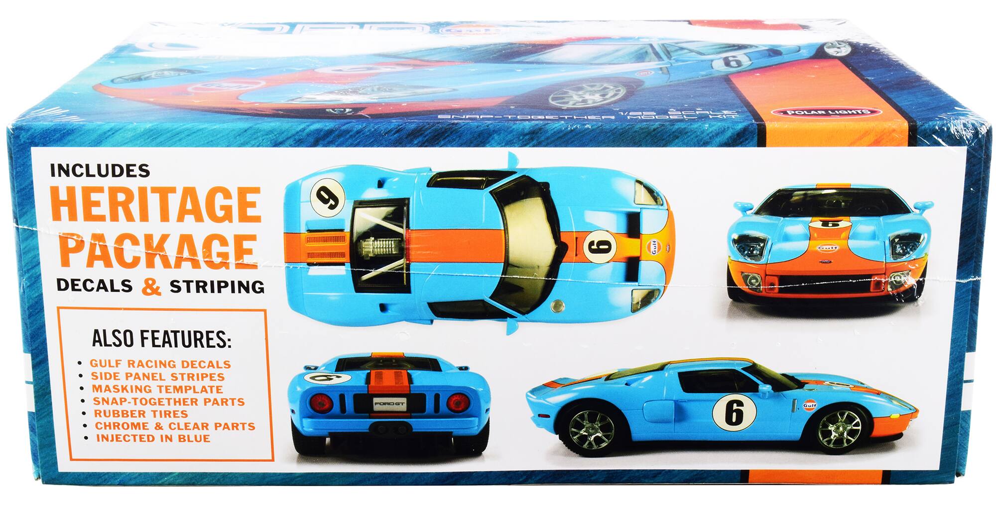 6 i .-- /S5SSALE HE SNAP-TOGETHER MODEL INCLUDES HERITAGE PACKAGE DECALS & STRIPING ALSO FEATURES: GULF RACING DECALS SIDE PANEL STRIPES MASKING TEMPLATE SNAP-TOGETHER PARTS RUBBER TIRES CHROME & CLEAR PARTS INJECTED IN BLUE