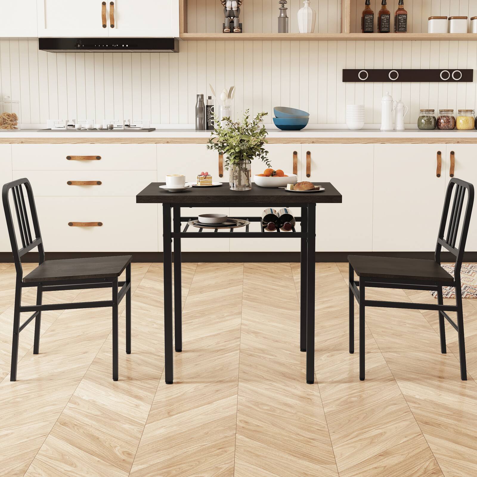 Alt View 3. Gymax - Gymax 3-Piece Rectangular Dining Table&Chairs Set Wooden Breakfast Nook w/Storage Rack Gray & Black - Grey.