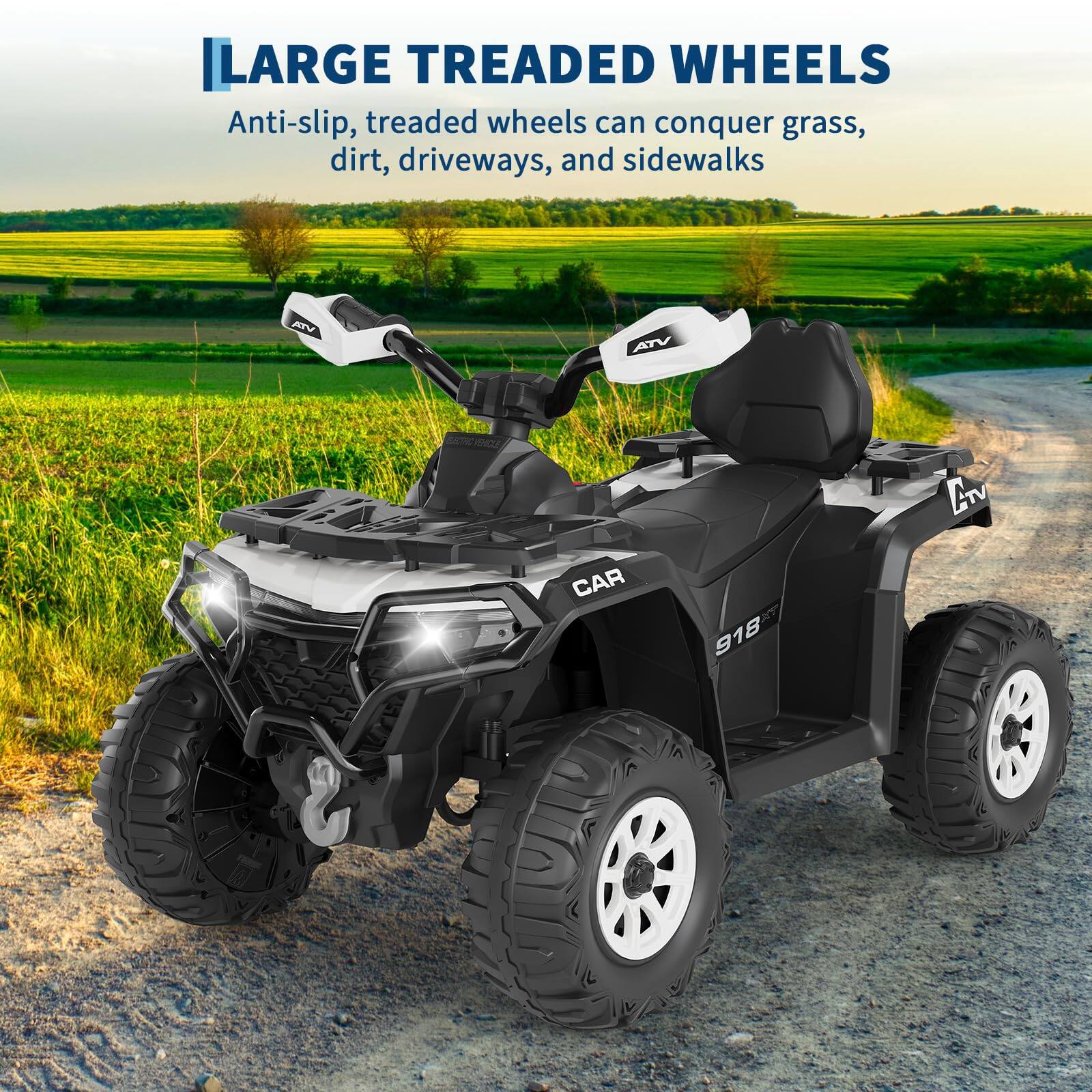 LARGE TREADED WHEELS  
Anti-slip, treaded wheels can conquer grass, dirt, driveways, and sidewalks  

ATV CAR 918