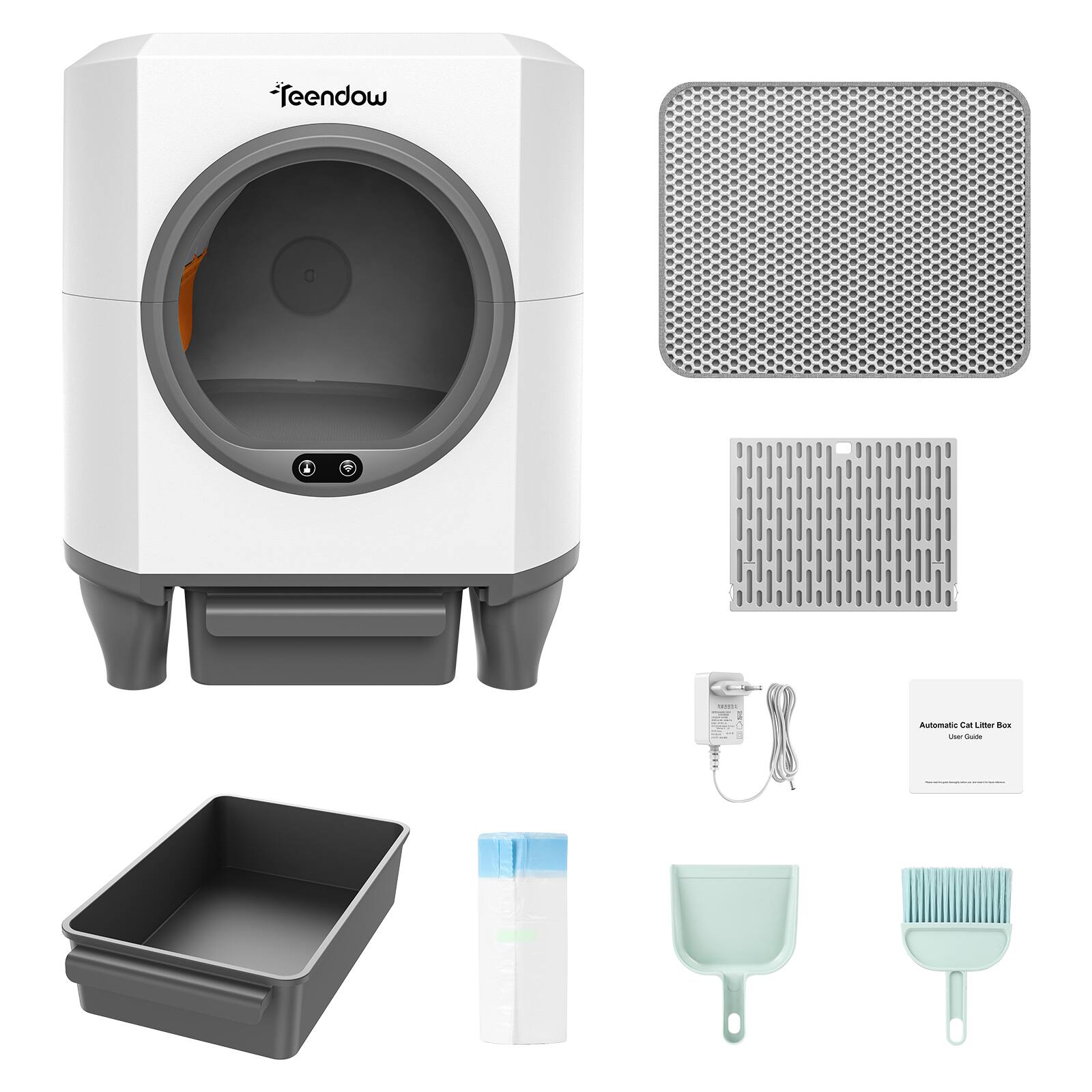 - Teendow  
- Automatic Cat Litter Box  
- User Guide  
- Power Adapter