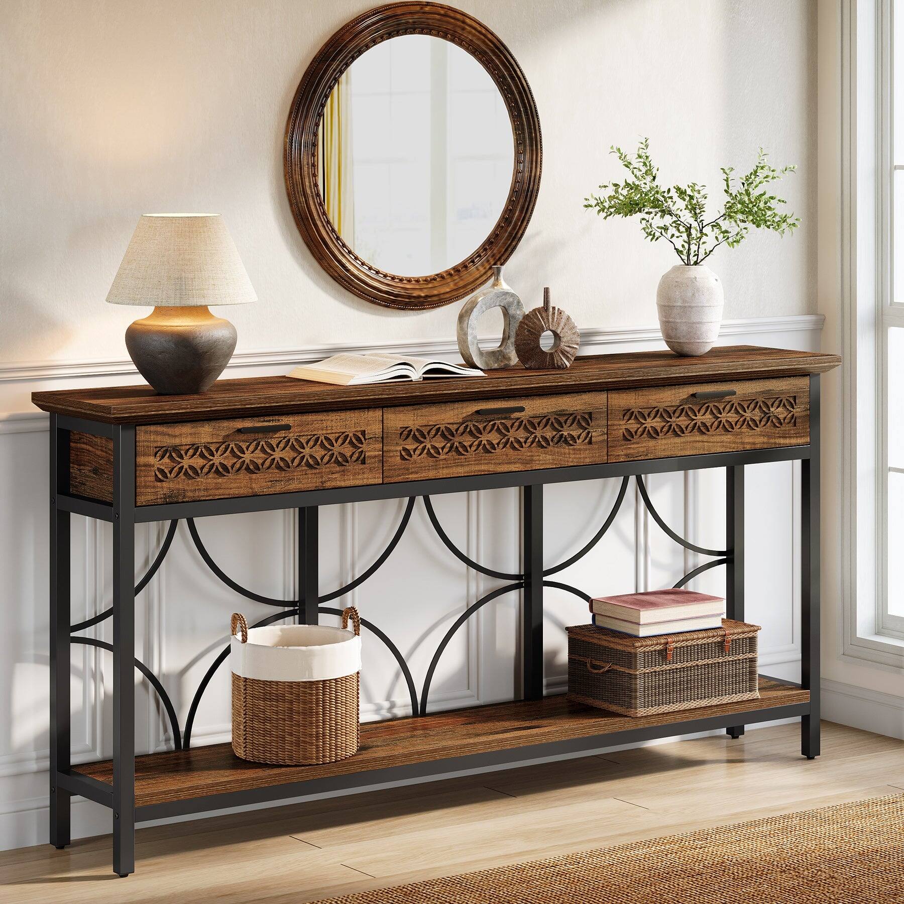 Angle. Tribesigns - Console Table with Engineered Wood Construction and Storage Shelves for Entryway and Living Room - Brown.