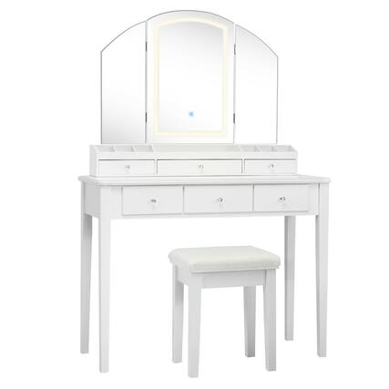 Front. WELLFOR - Makeup Vanity Table Stool Set with 3‑Color Lighted Mirror, 6 Drawers & Multi‑Slot Desktop Storage for Bedroom - White.