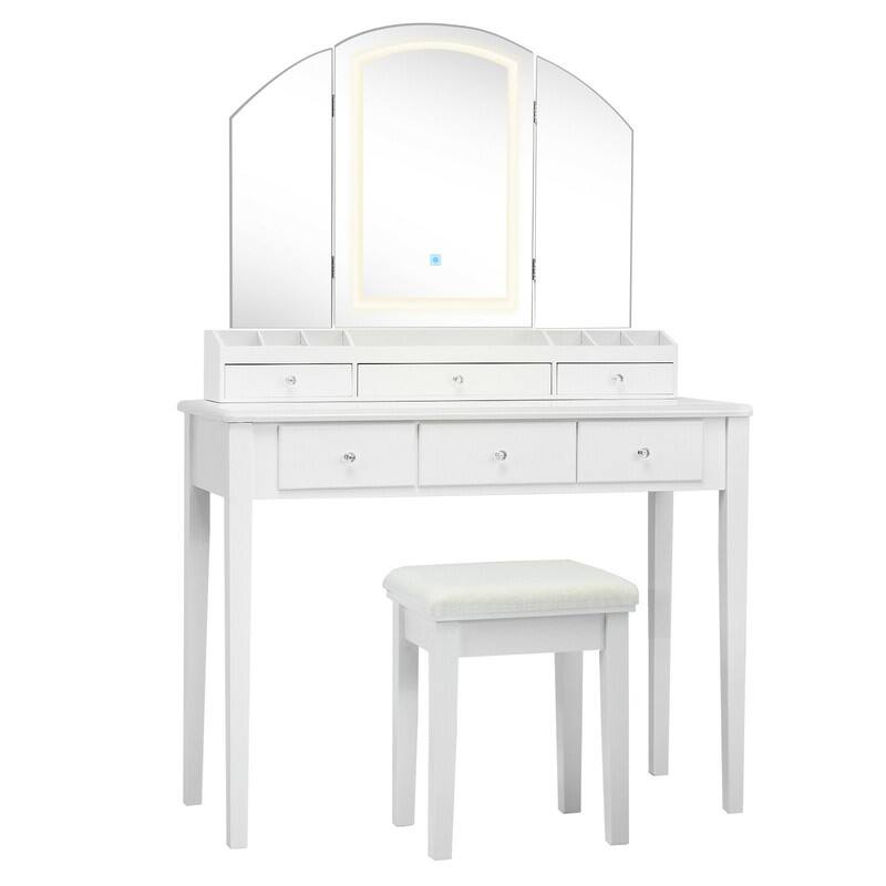Front. WELLFOR - Makeup Vanity Table Stool Set with 3‑Color Lighted Mirror, 6 Drawers & Multi‑Slot Desktop Storage for Bedroom - White.
