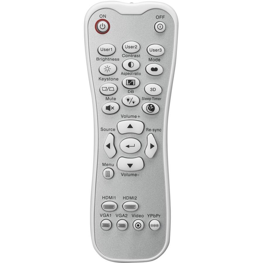 ON  
OFF  

User1  
User2  
User3  

Brightness  
Contrast  
Mode  

Aspect ratio  
Keystone  
3D  

Volume+  
Volume-  

Mute  
Sleep Timer  

Source  
Menu  

HDMI1  
HDMI2  
VGA1  
VGA2  
Video  
YPbPr  

Re-sync  

DB  
Mode+  
Mode-  

Contrast ratio  
Keystone