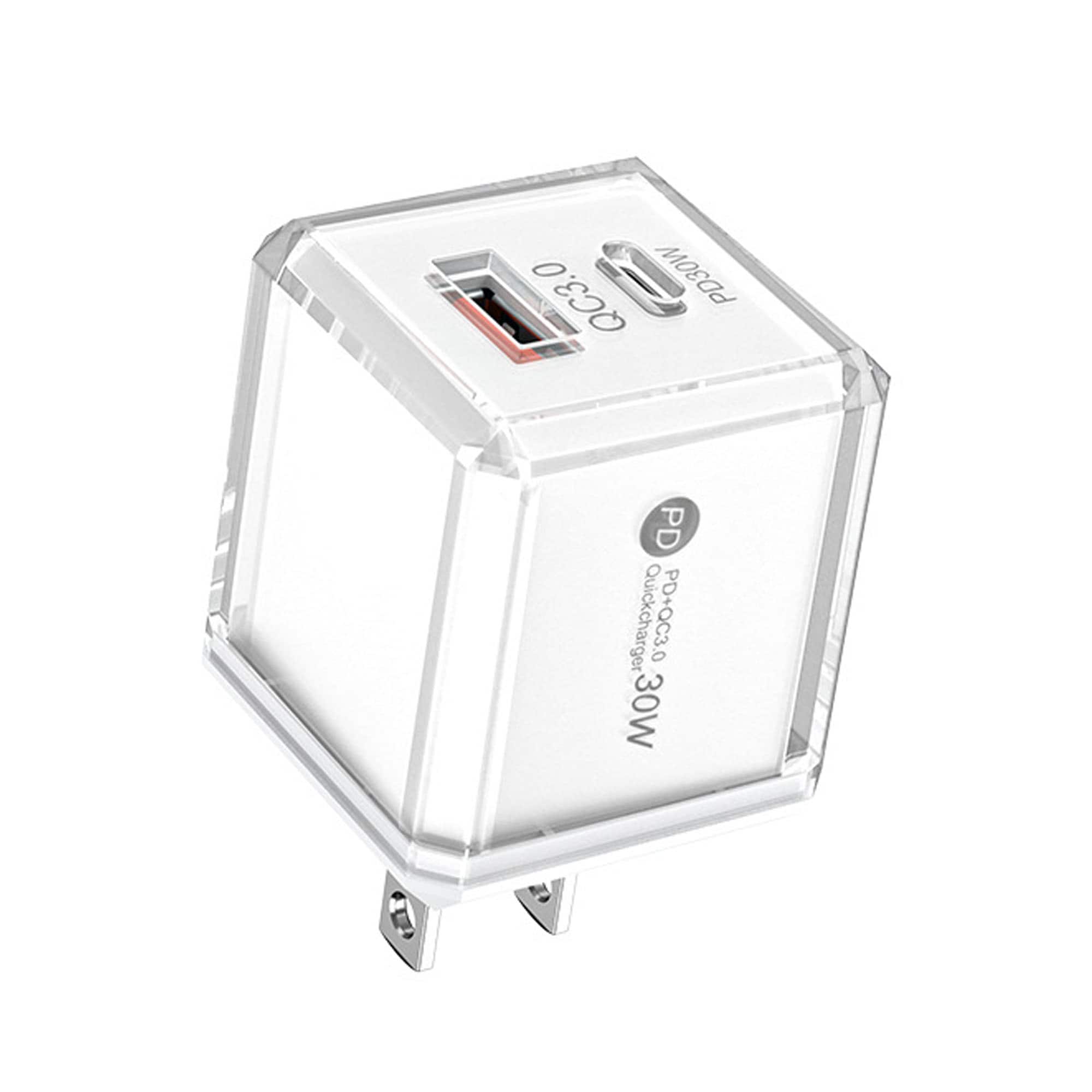 YONWAY - 30W Fast Charging Adapter, Transparent Ice Cube USB A+C Dual-Port Charger, US Plug Wall Charger for iPhone and Android
