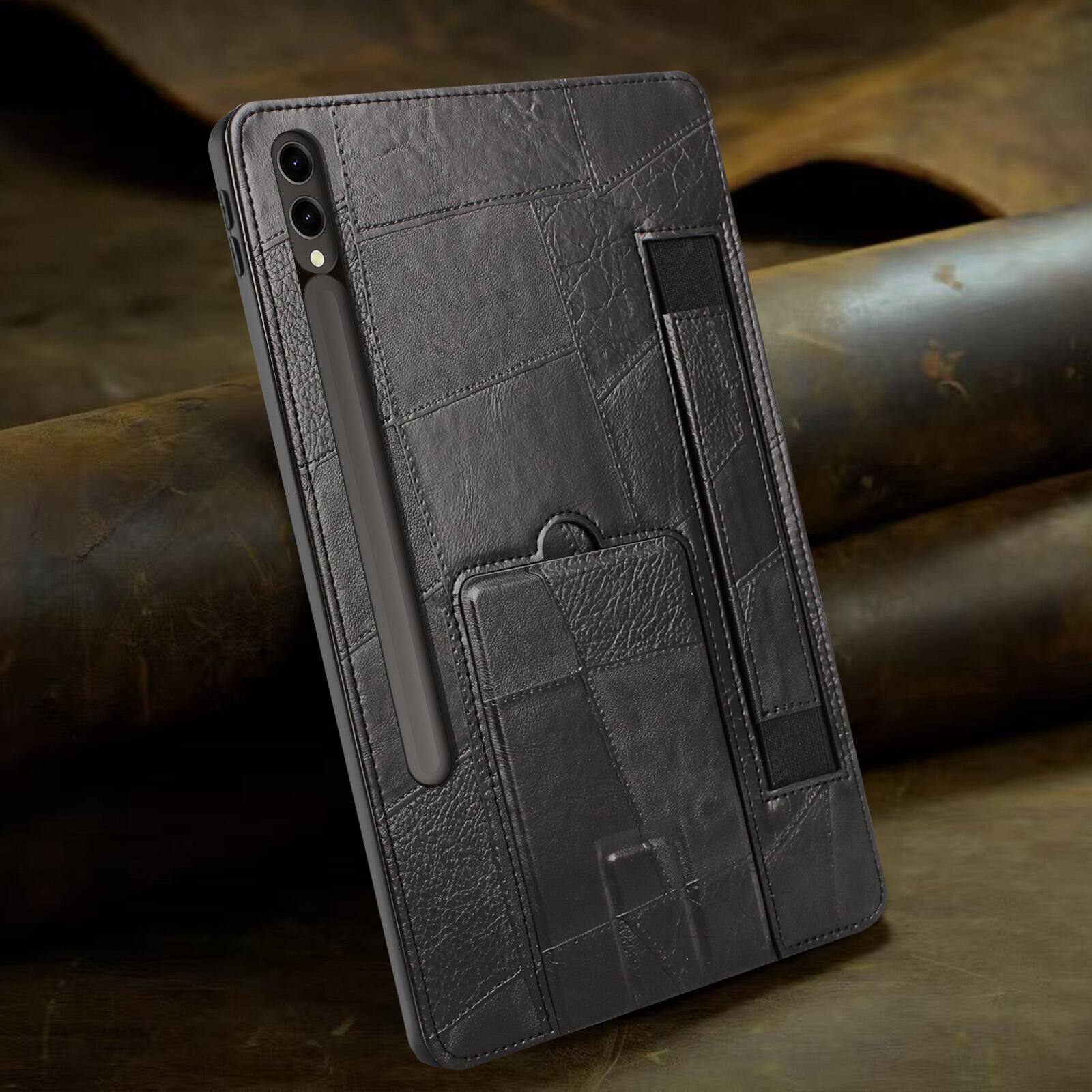Alt View 3. Dteck - Leather Texture Case for Samsung Galaxy Tab S10 FE+, Shockproof Cover with Multi-Angle Stand and Secure Hand Strap - Black.