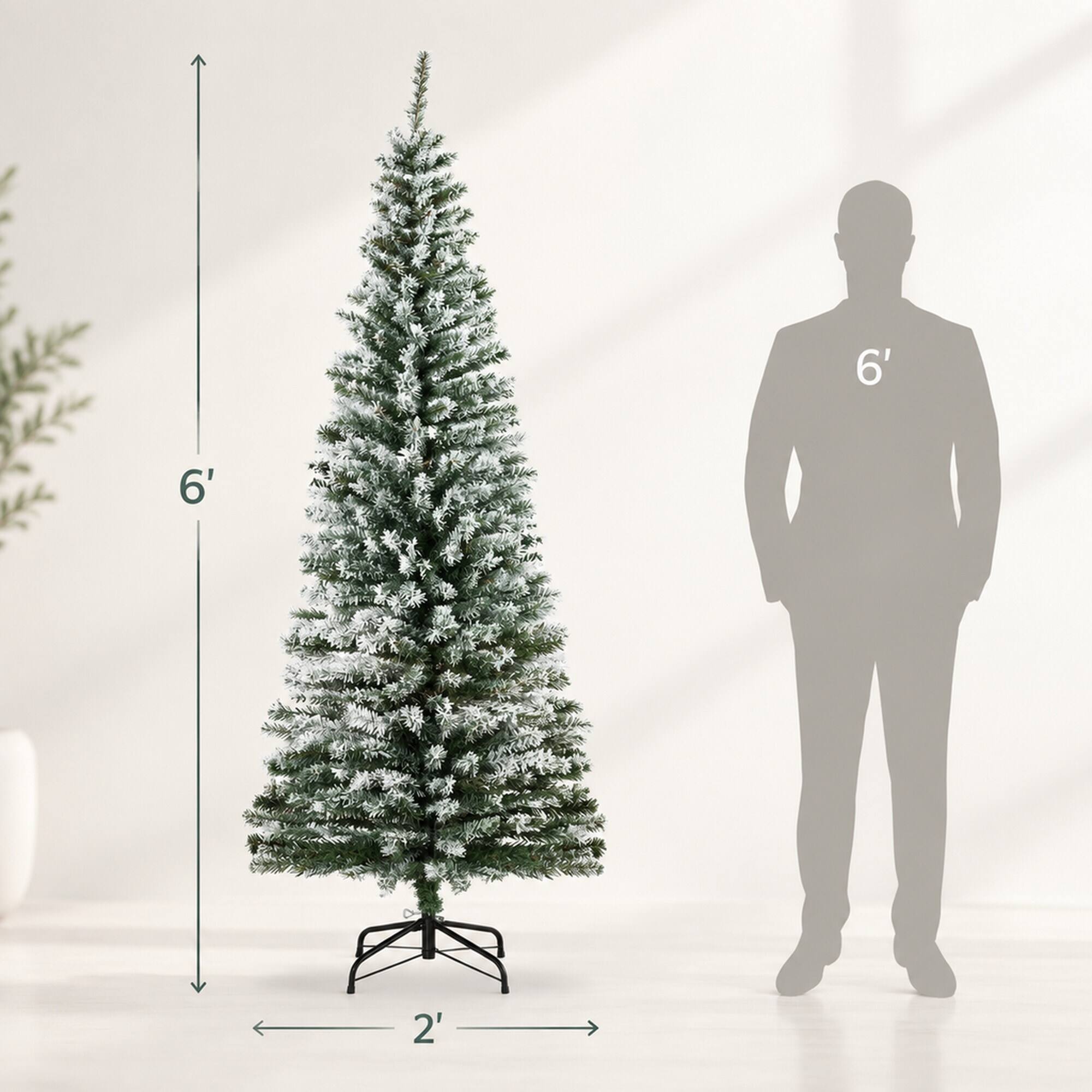 Alt View 3. RYHNUYNE - 6 Ft Unlit Snow Flocked Slim Artificial Christmas Tree With 492 Tips, Metal Stand Realistic Branches Holiday Decor - Green.