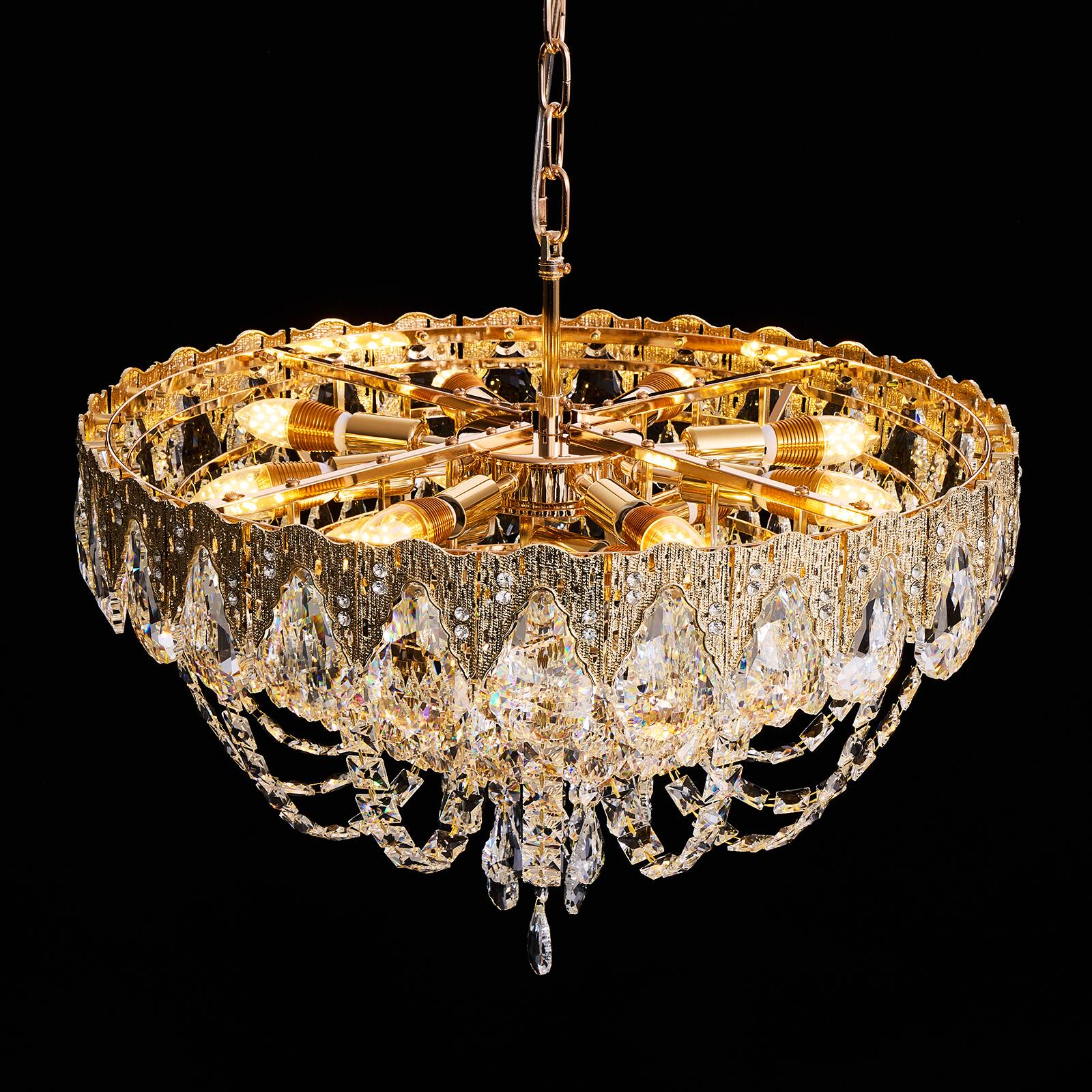 Alt View 7. Siljoy - 23.6-in Modern Glam Brass Round K9 Crystal 12-Light E12 Dimmable Adjustable Pendant for Dining Living Foyer - Brass.