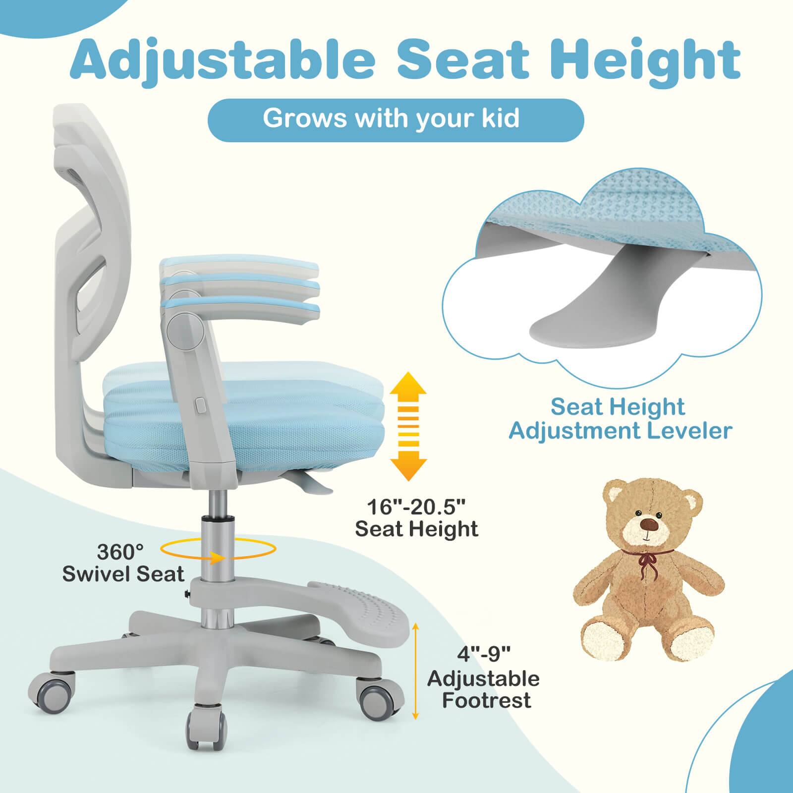 Adjustable Seat Height  
Grows with your kid  

360° Swivel Seat  

Seat Height Adjustment Leveler  
16"-20.5" Seat Height  

Adjustable Footrest  
4"-9" Foot Height