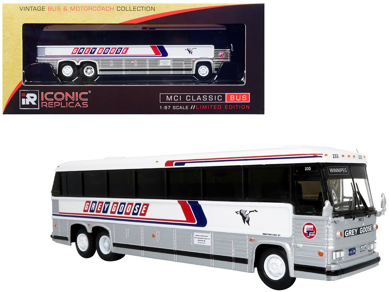 Iconic Replicas - MCI MC-12 Coach Classic Bus Grey Goose Lines Destination Winnipeg Manitoba Canada Vintage Bus 1/87 - Multicolor