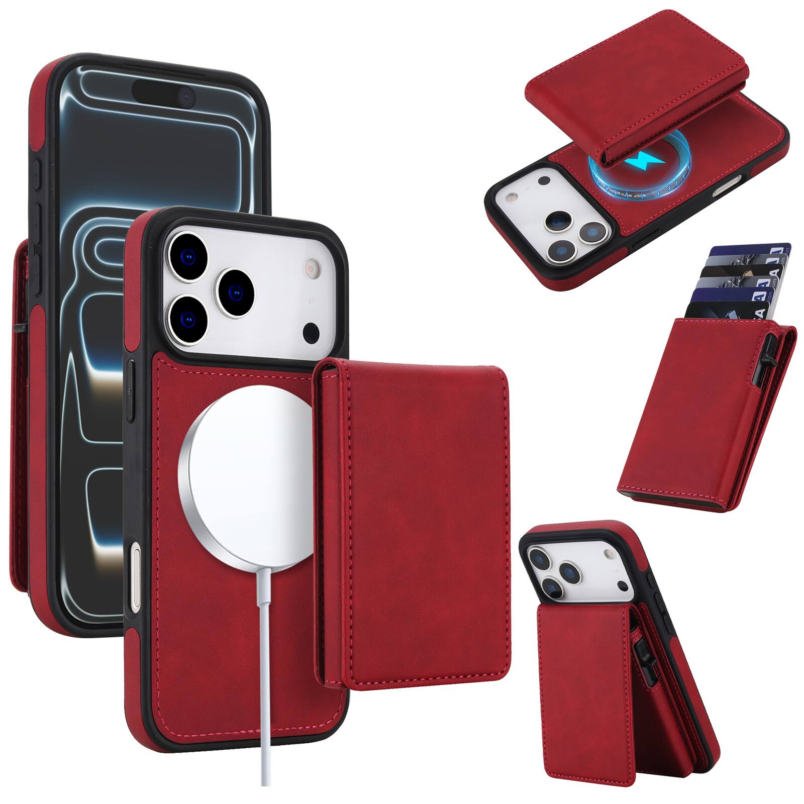 Alt View 3. Dteck - 2-in-1 Magnetic Wallet Case for Apple iPhone 17 Pro, Detachable Folio Cover with RFID Blocking & Dual Kickstand - Red.