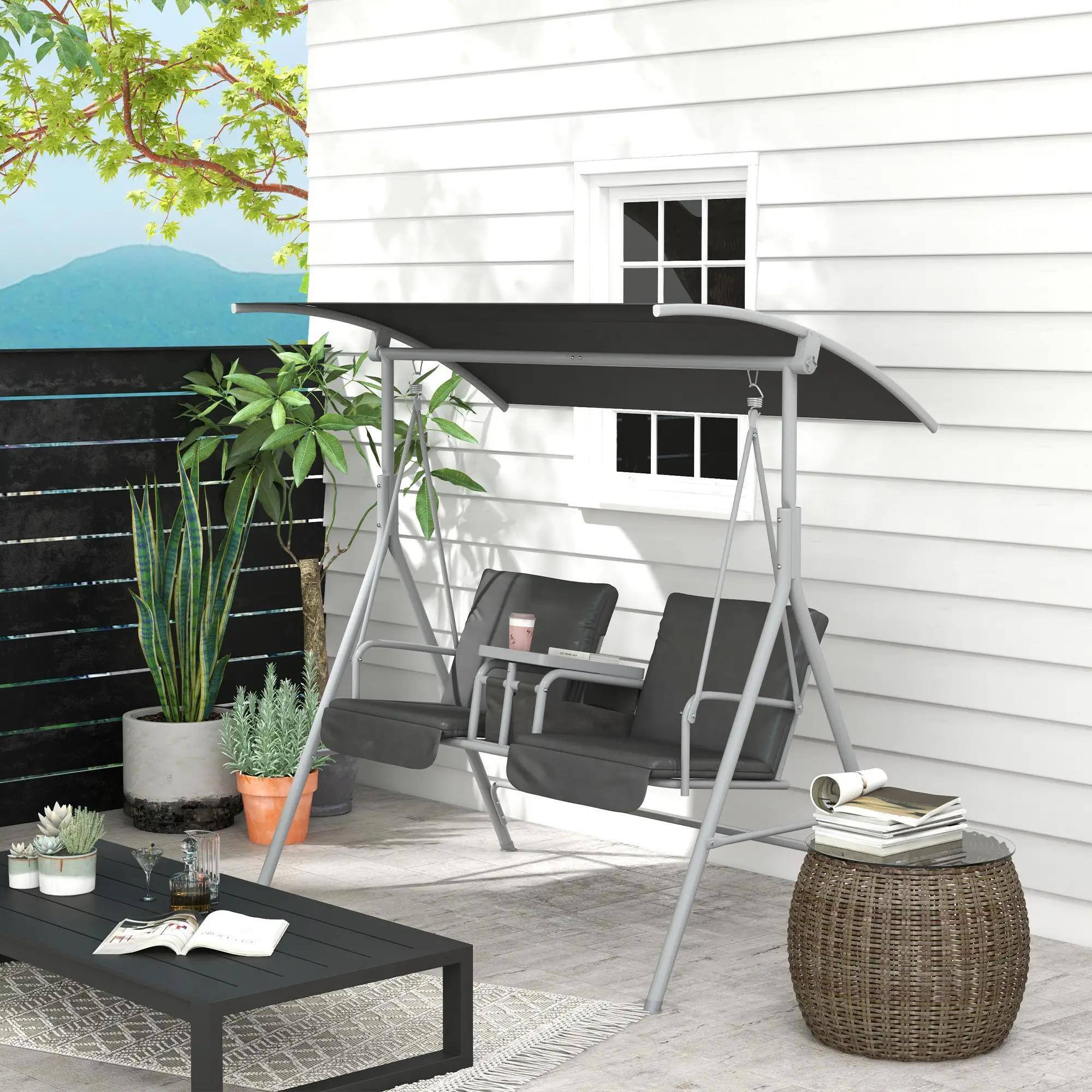 Left. Resenkos - Resenkos 2-Seater Swing With Canopy & Table, Patio Garden Swing, Poolside Backyard Relaxation, Gray.