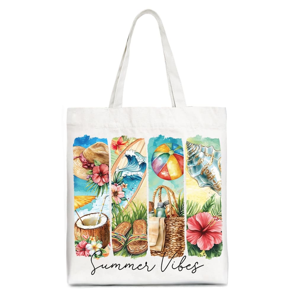 OrnamentallyYou - Summer Vibes Canvas Tote Bag, Beach Gift Shopper with Coconut and Flowers - White
