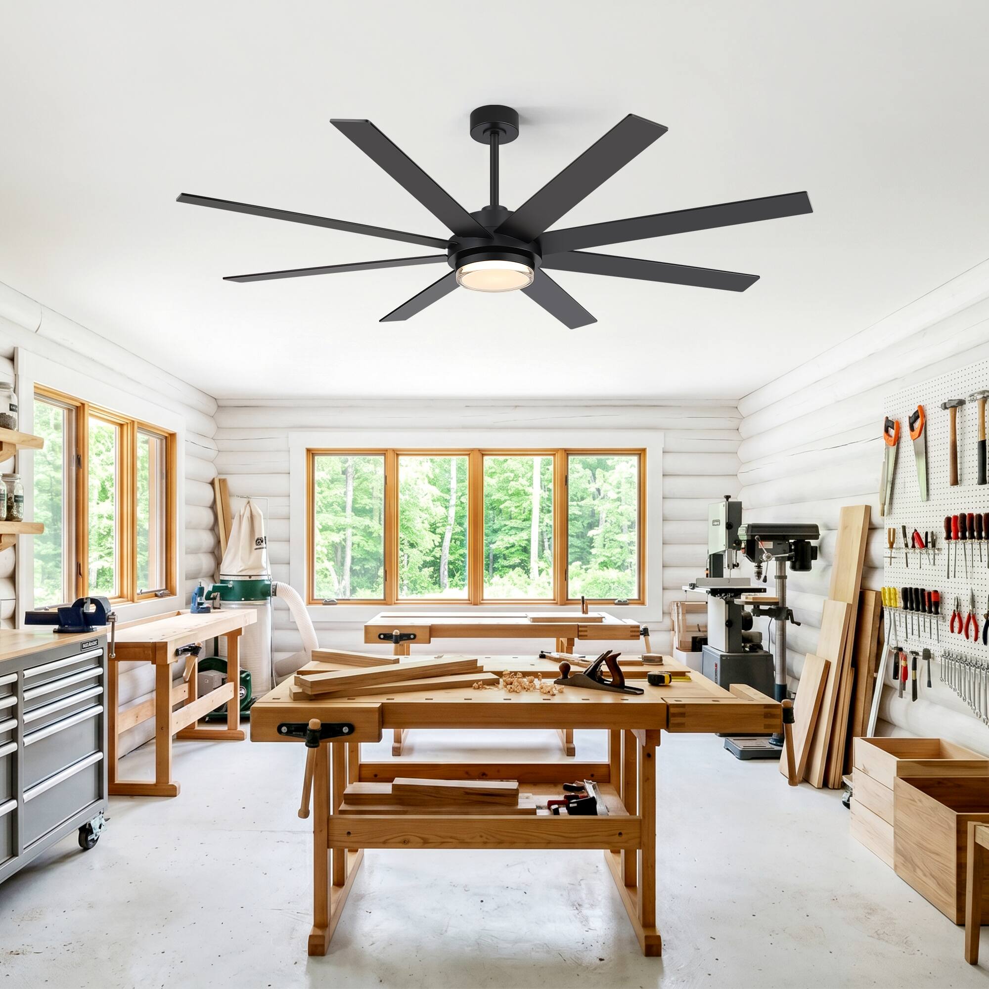 Alt View 2. Breezary - 72-Inch Modern LED Ceiling Fan with Acrylic Light, 8 Blades, DC Motor, Remote Control, 6-Speed, Timer - Black.