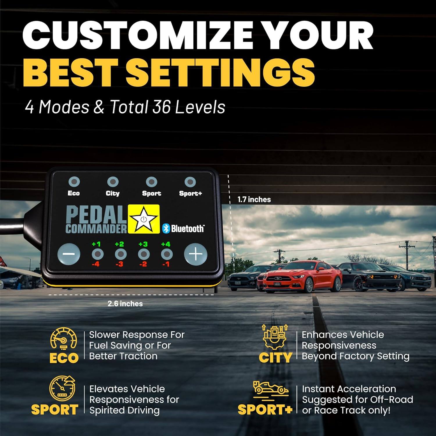 CUSTOMIZE YOUR BEST SETTINGS

4 Modes & Total 36 Levels

- Eco
- City
- Sport
- Sport+

PEDAL COMMANDER Bluetooth

1.7 inches

2.6 inches

Slower Response For Fuel Saving or For Better Traction

Enhances Vehicle Responsiveness Beyond Factory Setting

Elevates Vehicle Responsiveness for Spirited Driving

Instant Acceleration Suggested for Off-Road or Race Track only!