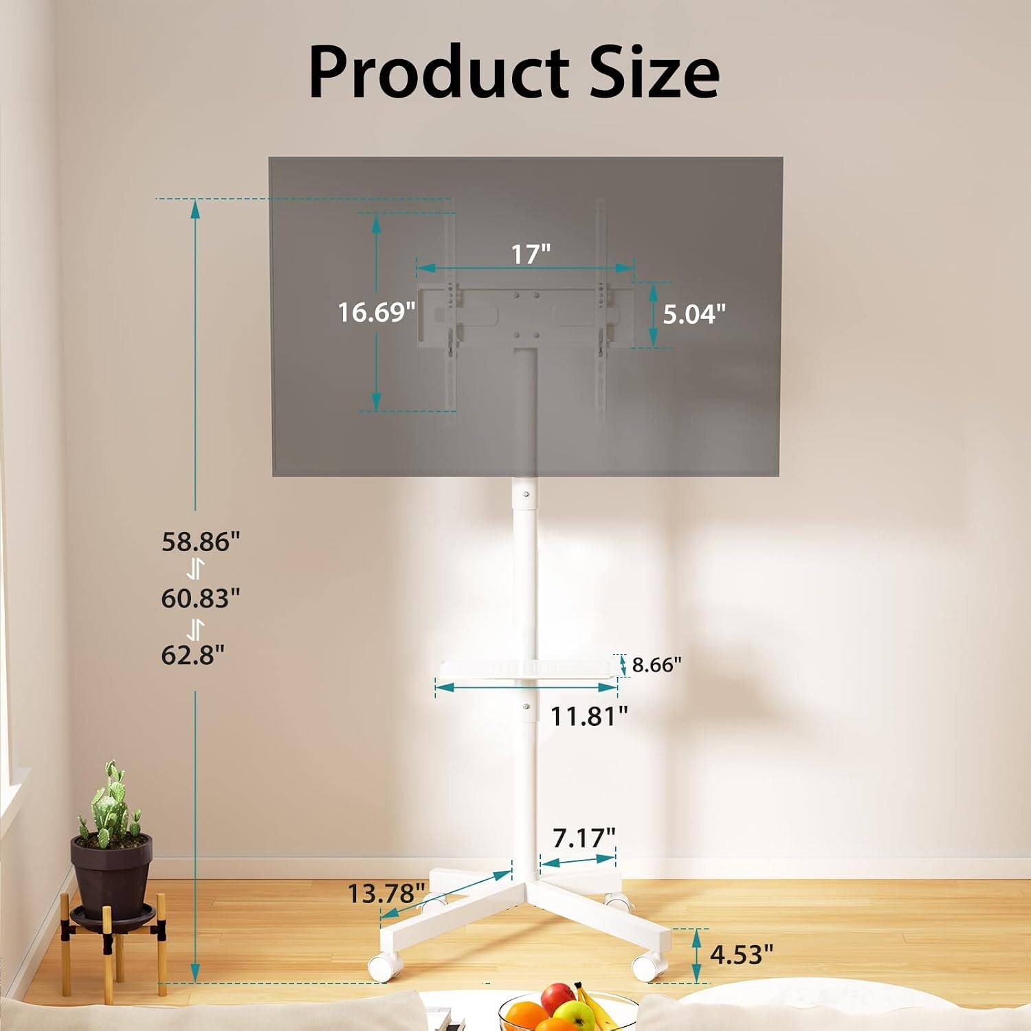 Product Size: 17" x 16.69" x 5.04"  
Height: 58.86" - 60.83" - 62.8"  
Width: 8.66"  
Depth: 11.81"  
Base: 7.17" x 13.78" x 4.53"