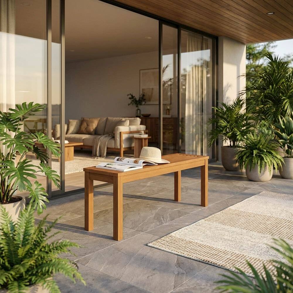 Angle. Outdoor Escape - Backless outdoor garden bench with light wood finish for patio and deck sitting - Light Wood.