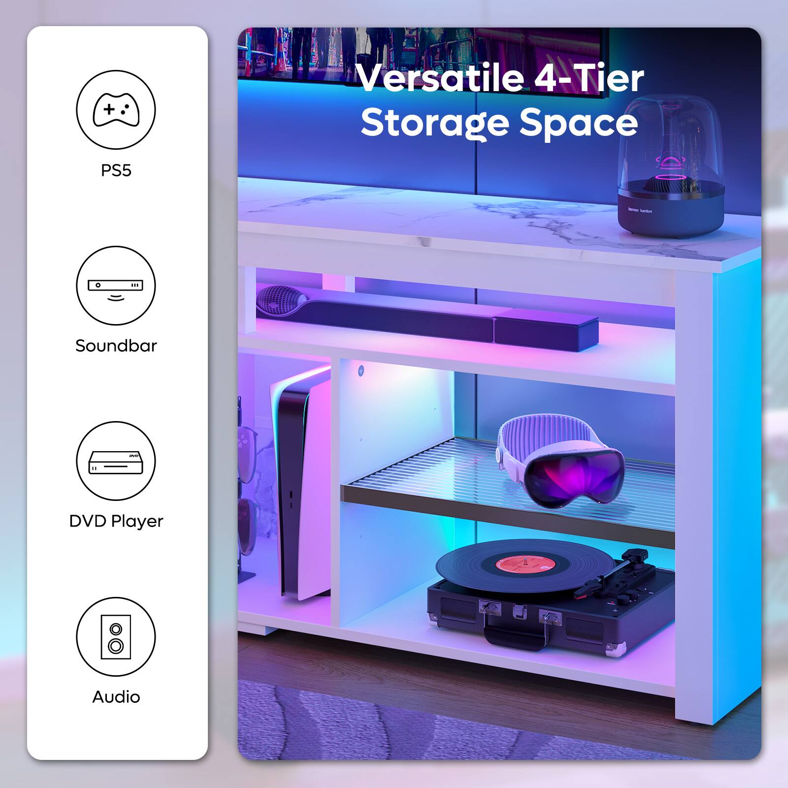 Versatile 4-Tier Storage Space - Soundbar - DVD Player - Audio