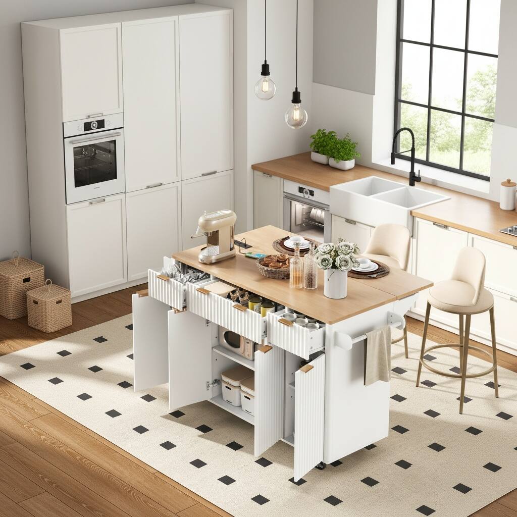 Left. Forest'nSky - 55.5 inch Fluted Kitchen Island with 4 Doors and 3 Drawers, Rolling Storage Cart with Wood-Grain Top, White - White.