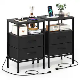 Costway - 2 Pcs Nightstand with Charging Station, 24.5" Modern Bedside Table with 2 Fabric Drawers - Black 2 Drawers