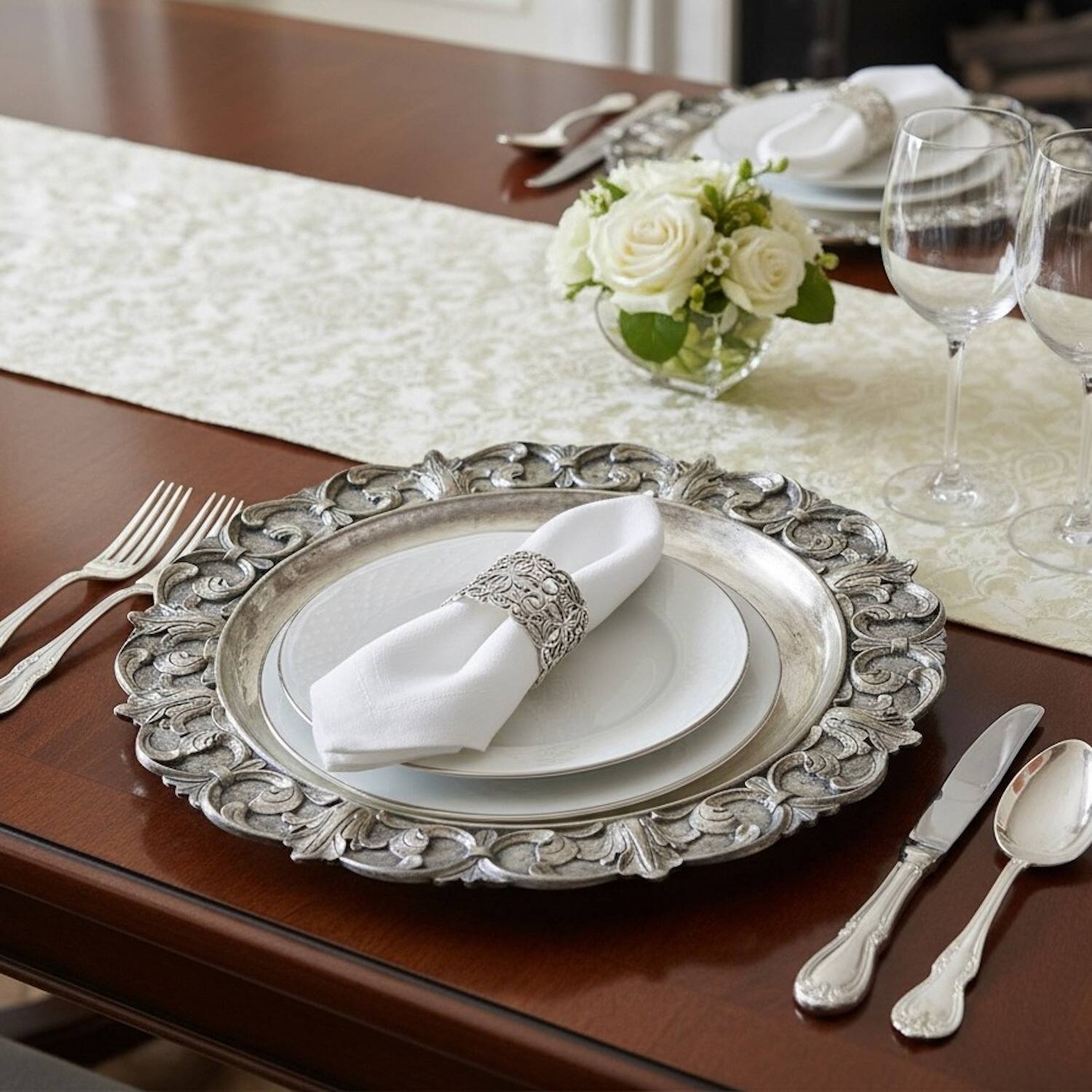 Left. American Atelier - Silver Embossed Charger Plates Set Of 4 14" D - Silver.