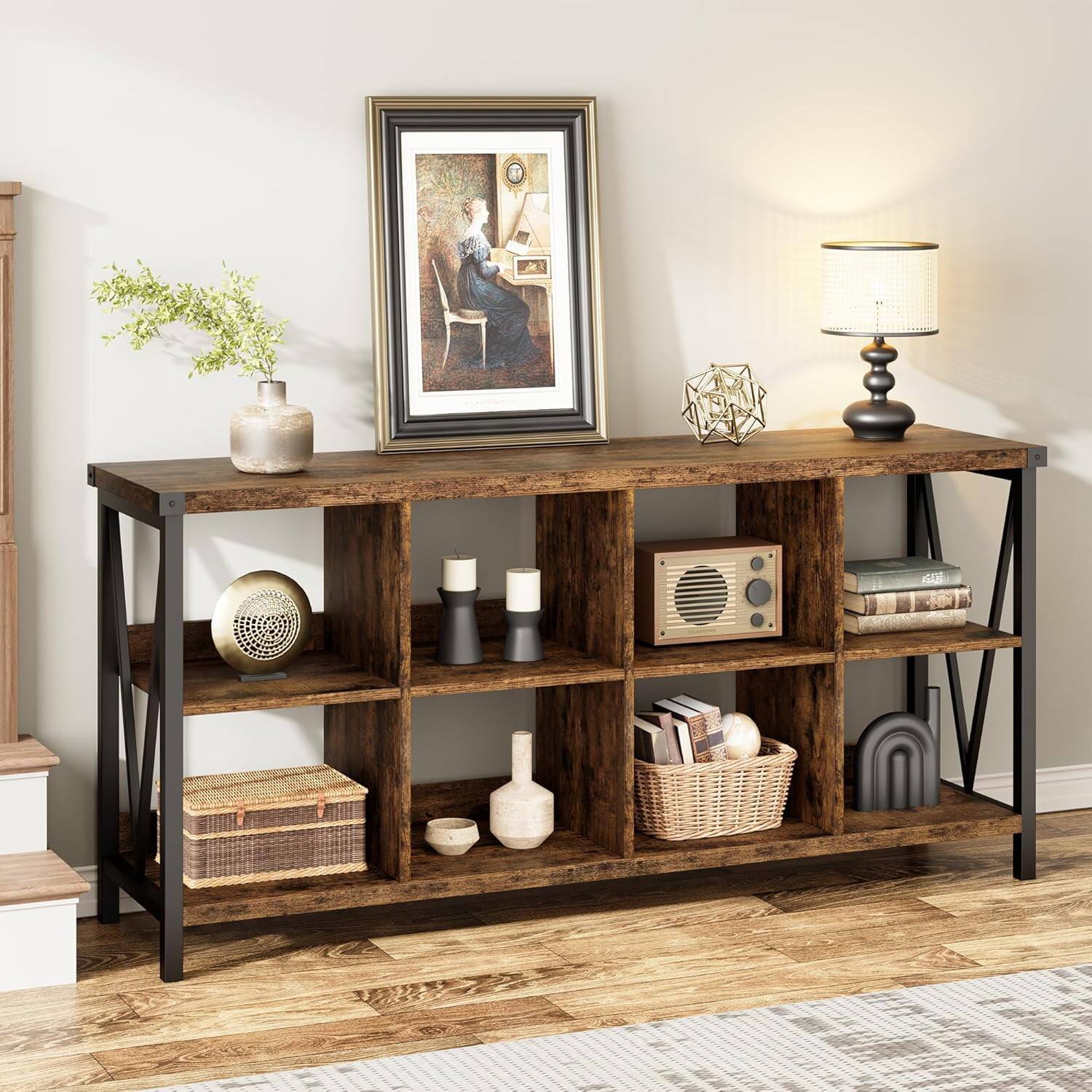 Back. Electrodes Masters - 62.2-Inch Console Table with 8 Cube Storage Organizer - 2-Tier Open Shelf, Brown - Brown.