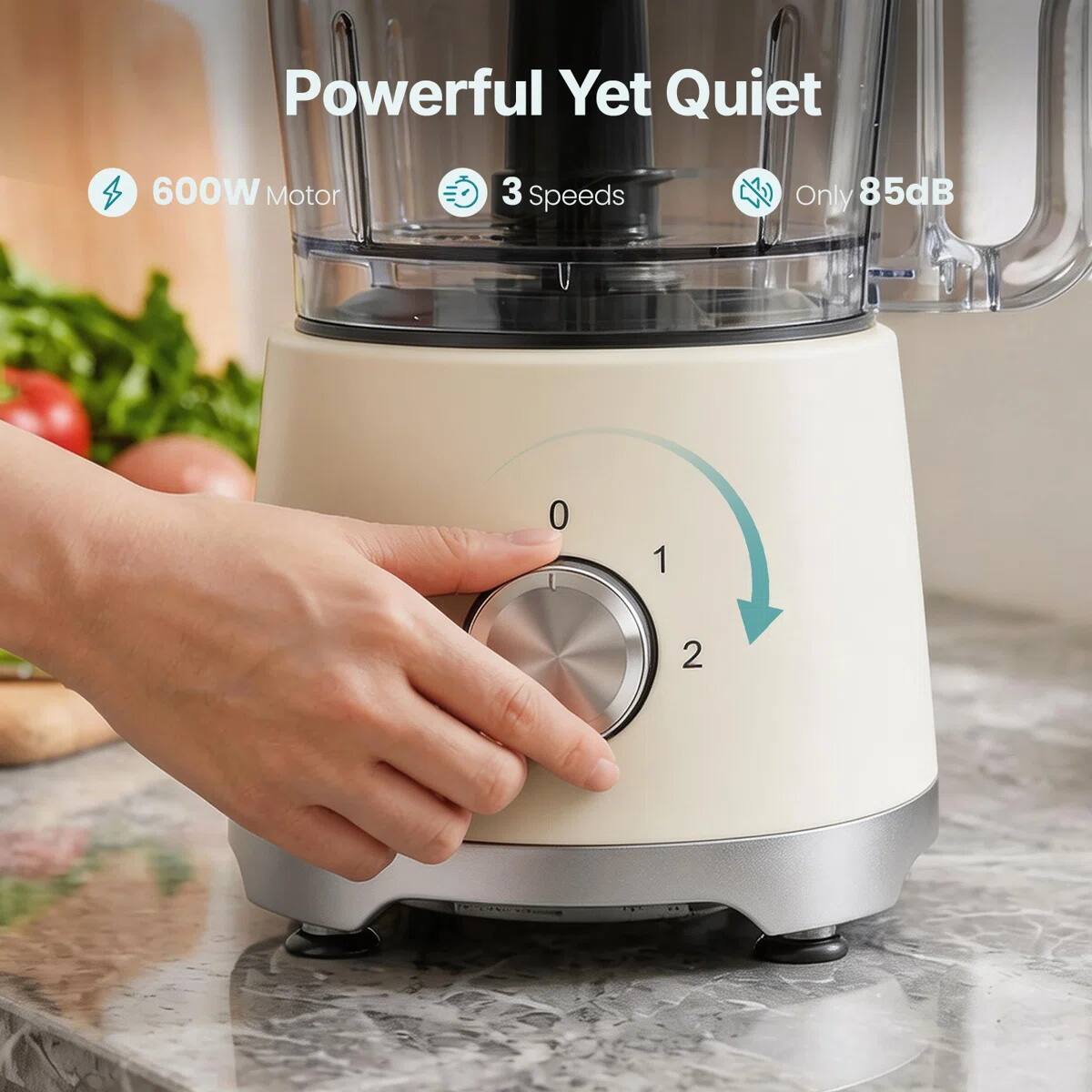 Powerful Yet Quiet  
600W Motor  
3 Speeds  
Only 85dB  
0 1 2