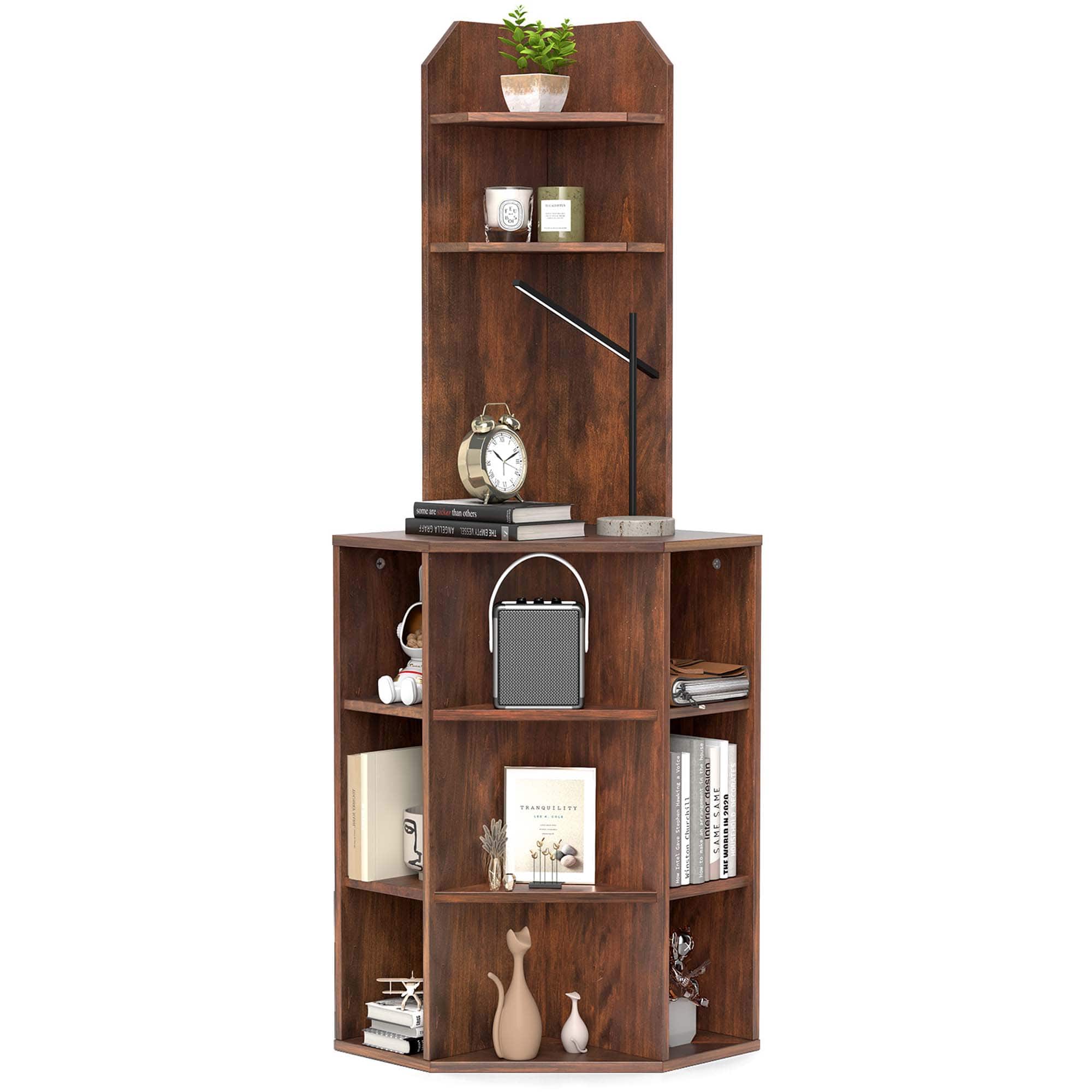 Costway - 6-Tier Corner Shelf 63" Tall Corner Bookshelf with 2 USB Ports & Charging Station - Brown