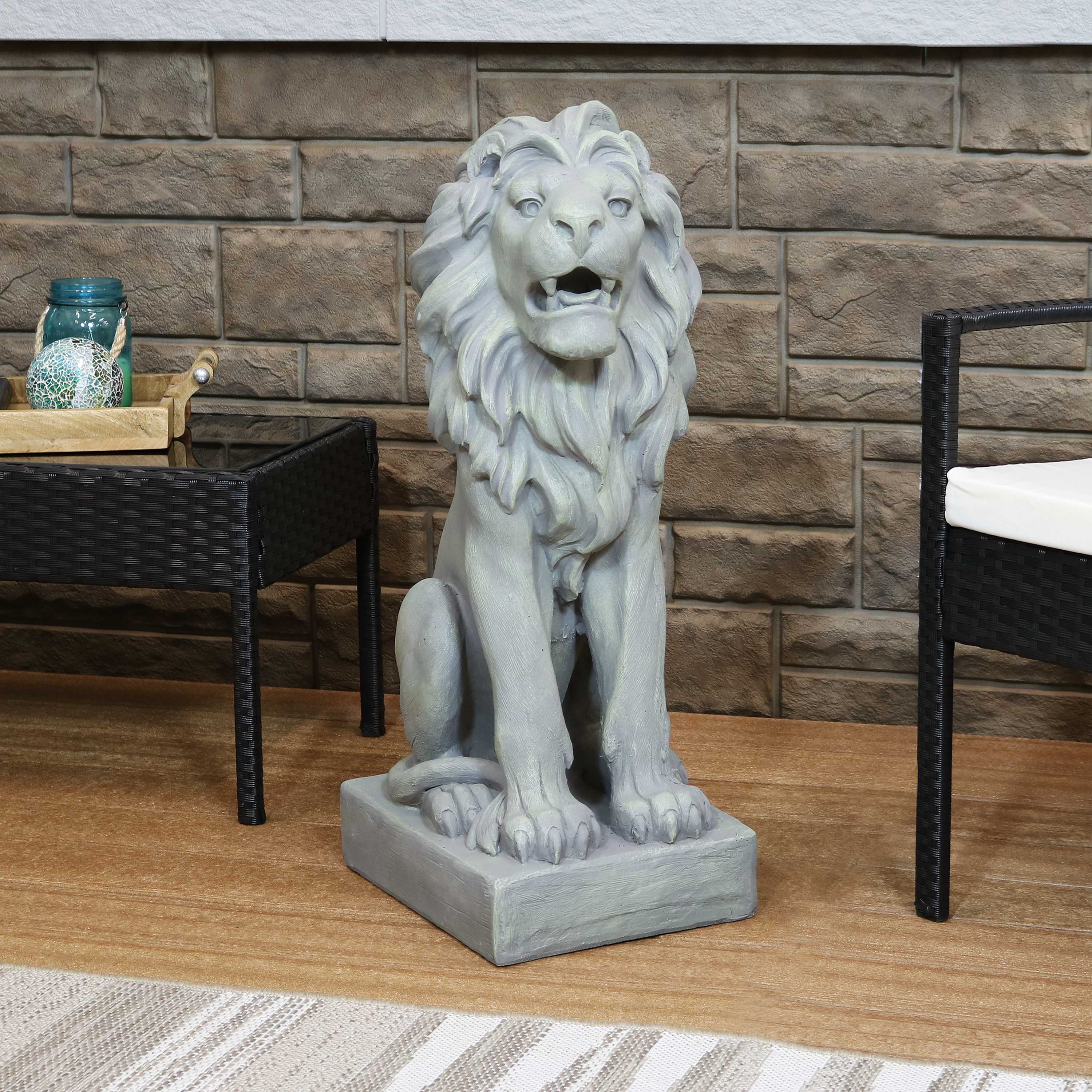Alt View 4. Sunnydaze - Noble Beast Sitting Lion Outdoor Concrete Statue - 30 in - Grey.