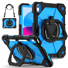 Dteck - Case for Apple iPad 11"(A16 chip 2025) and iPad 10.9" (10th Gen), 3-Layer Rugged Kickstand Handle Grip Cover+Strap - Black Blue