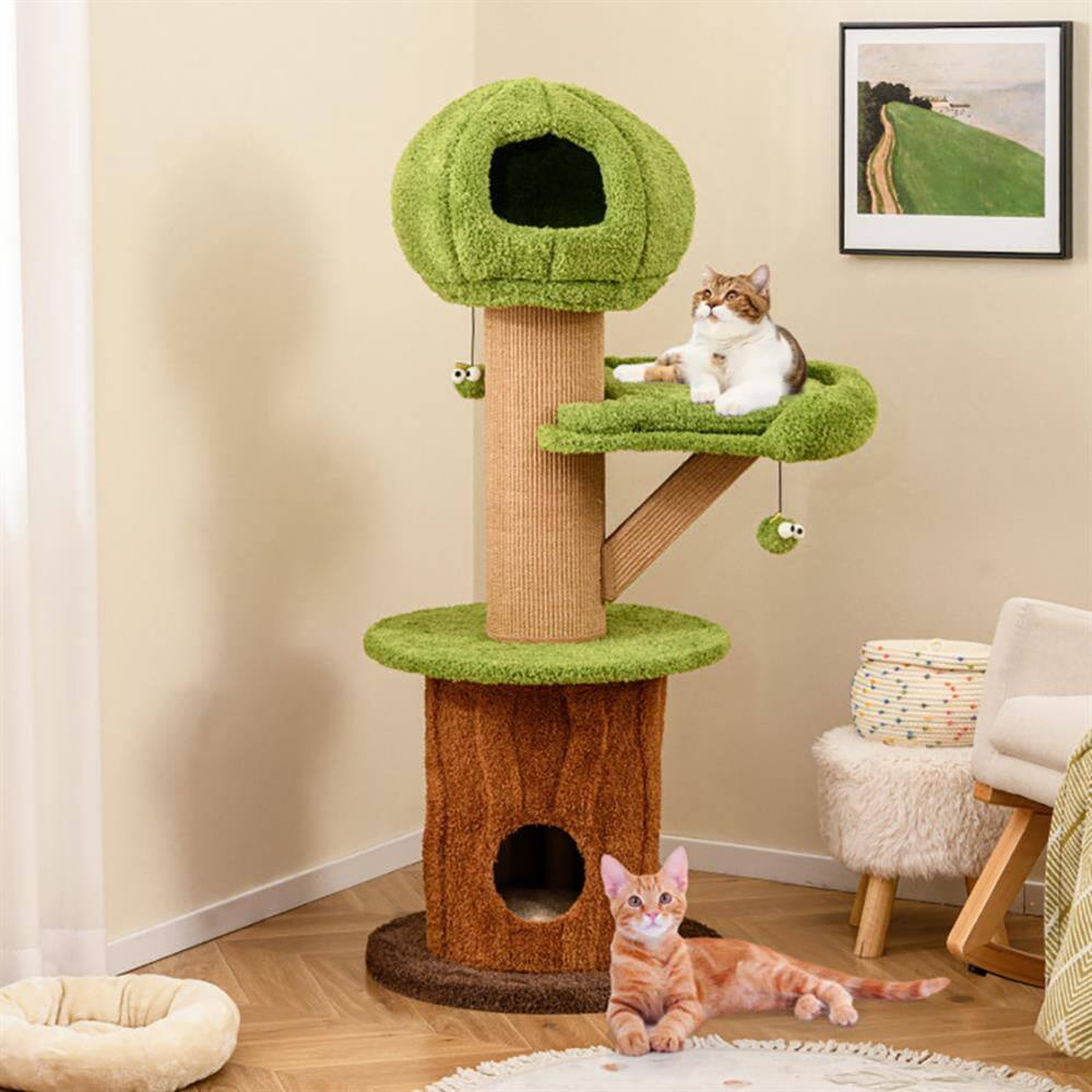 Left. Kadyn - Cat Scratching Tower,Cat Tree, Mushroom Cat Tree for Indoor Cats with 2 Cute Condos Plush Perch and Teasing Balls-Green - Brown.