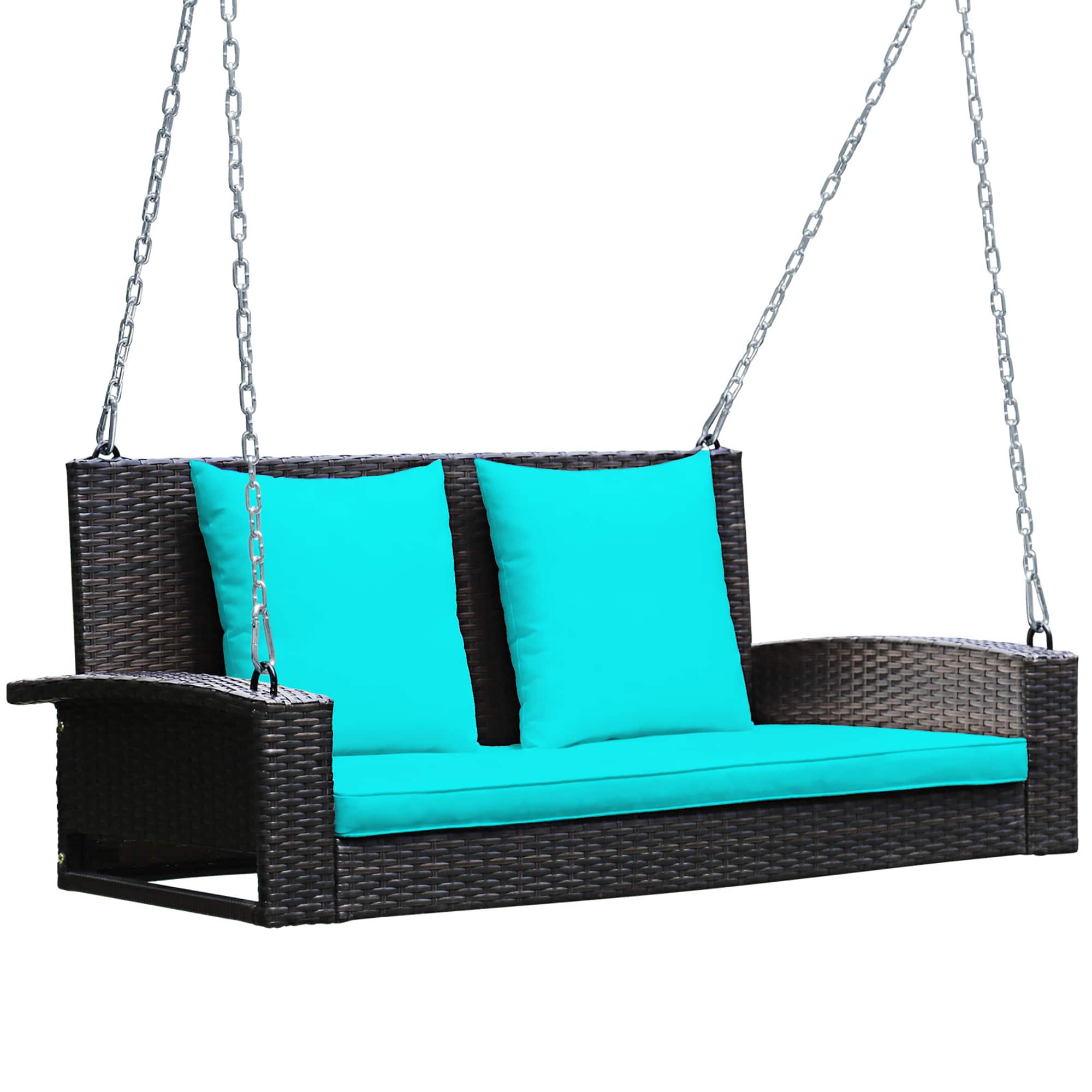 Costway - 2-Person Patio Rattan Hanging Porch Swing Bench Chair Cushion - Turquoise